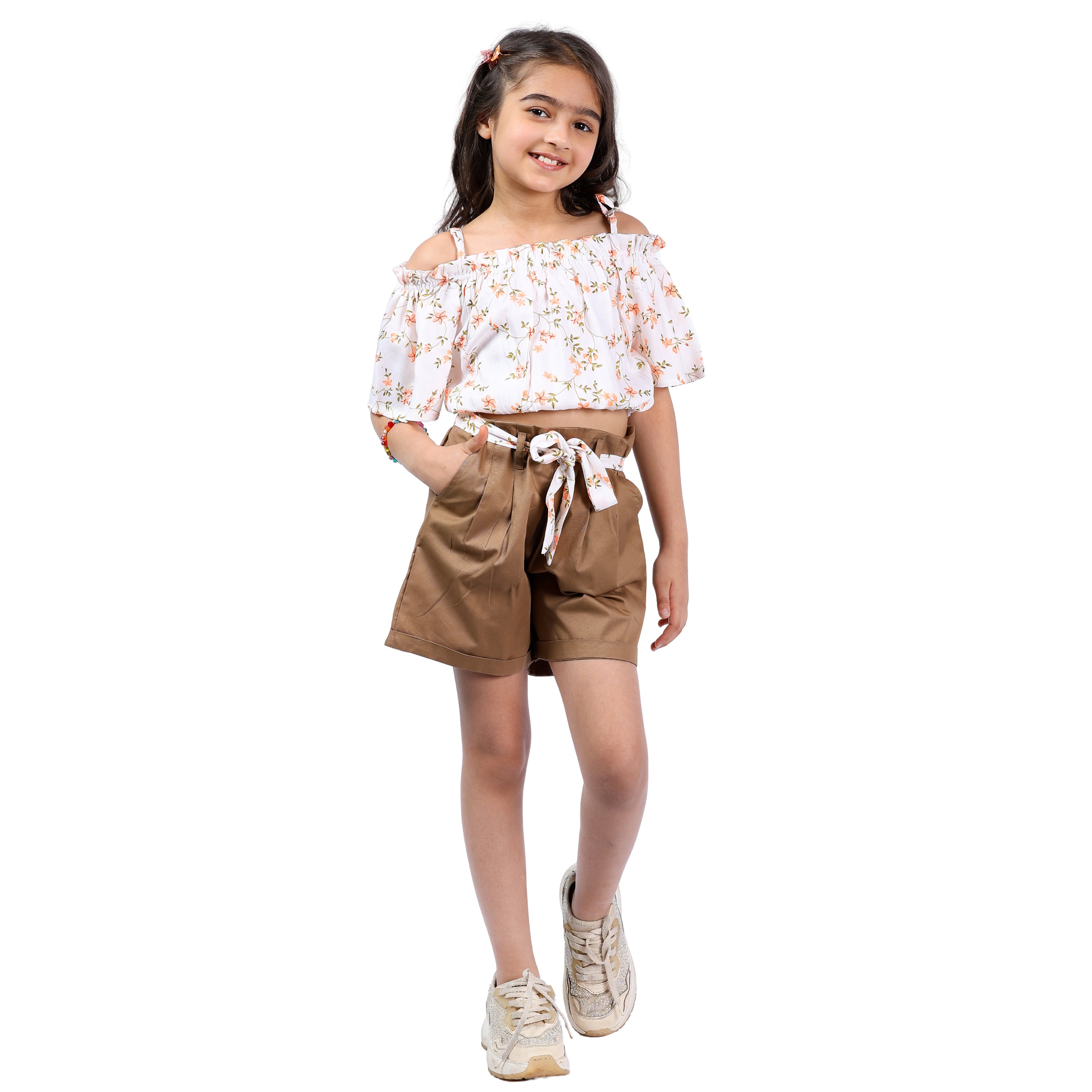 Girls Set – Floral Off-Shoulder Crop Top with Shorts (4–10 Yrs)