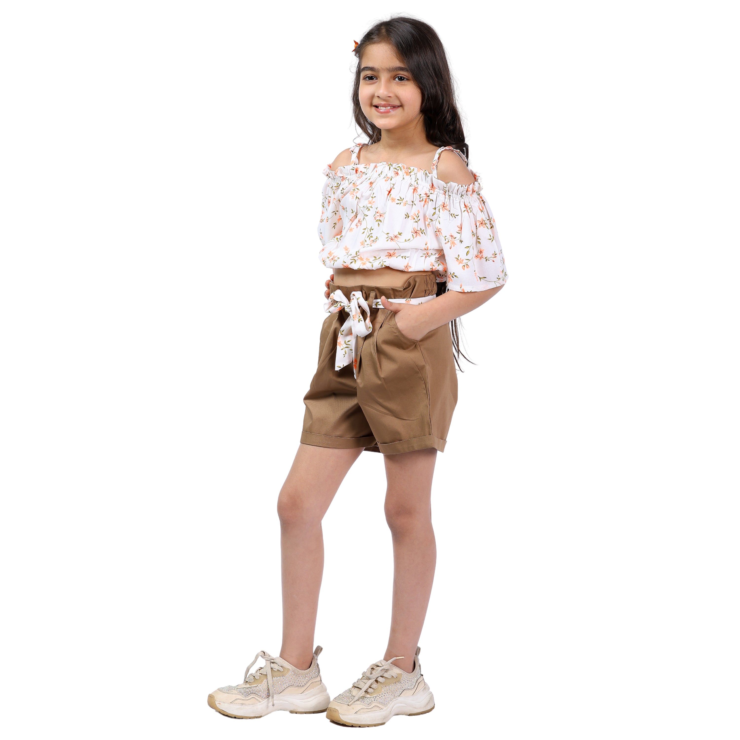 Girls Set – Floral Off-Shoulder Crop Top with Shorts (4–10 Yrs)