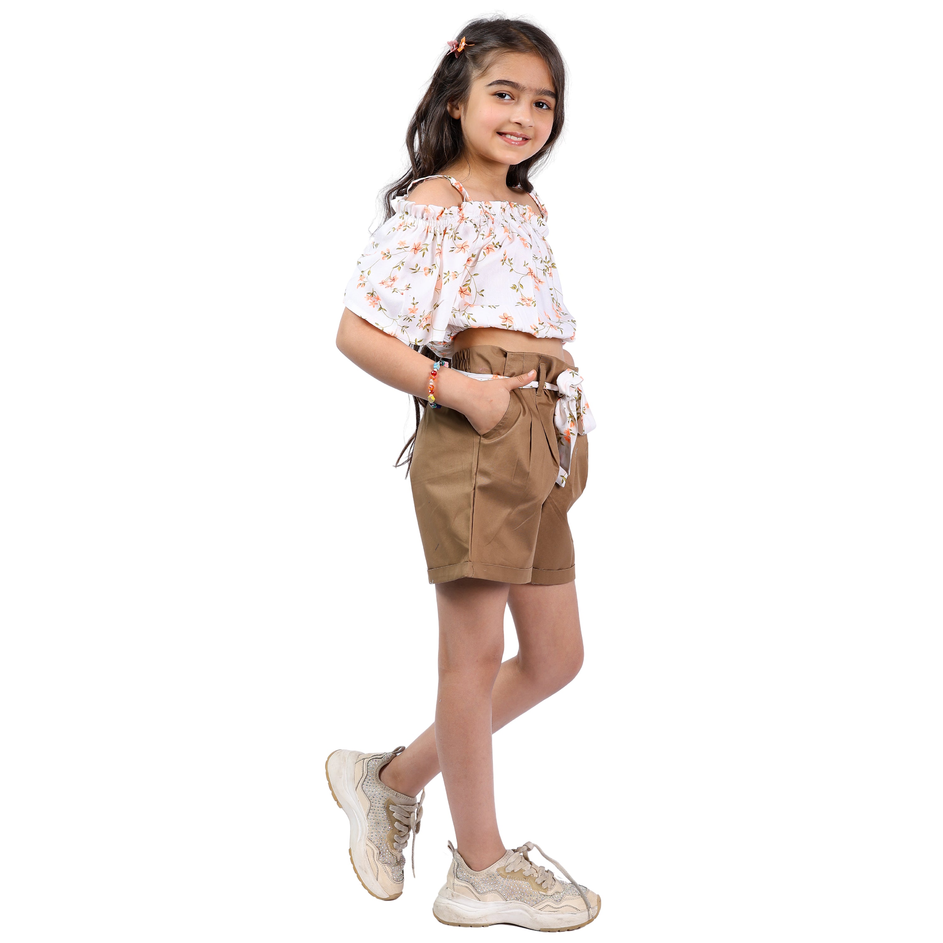 Girls Set – Floral Off-Shoulder Crop Top with Shorts (4–10 Yrs)