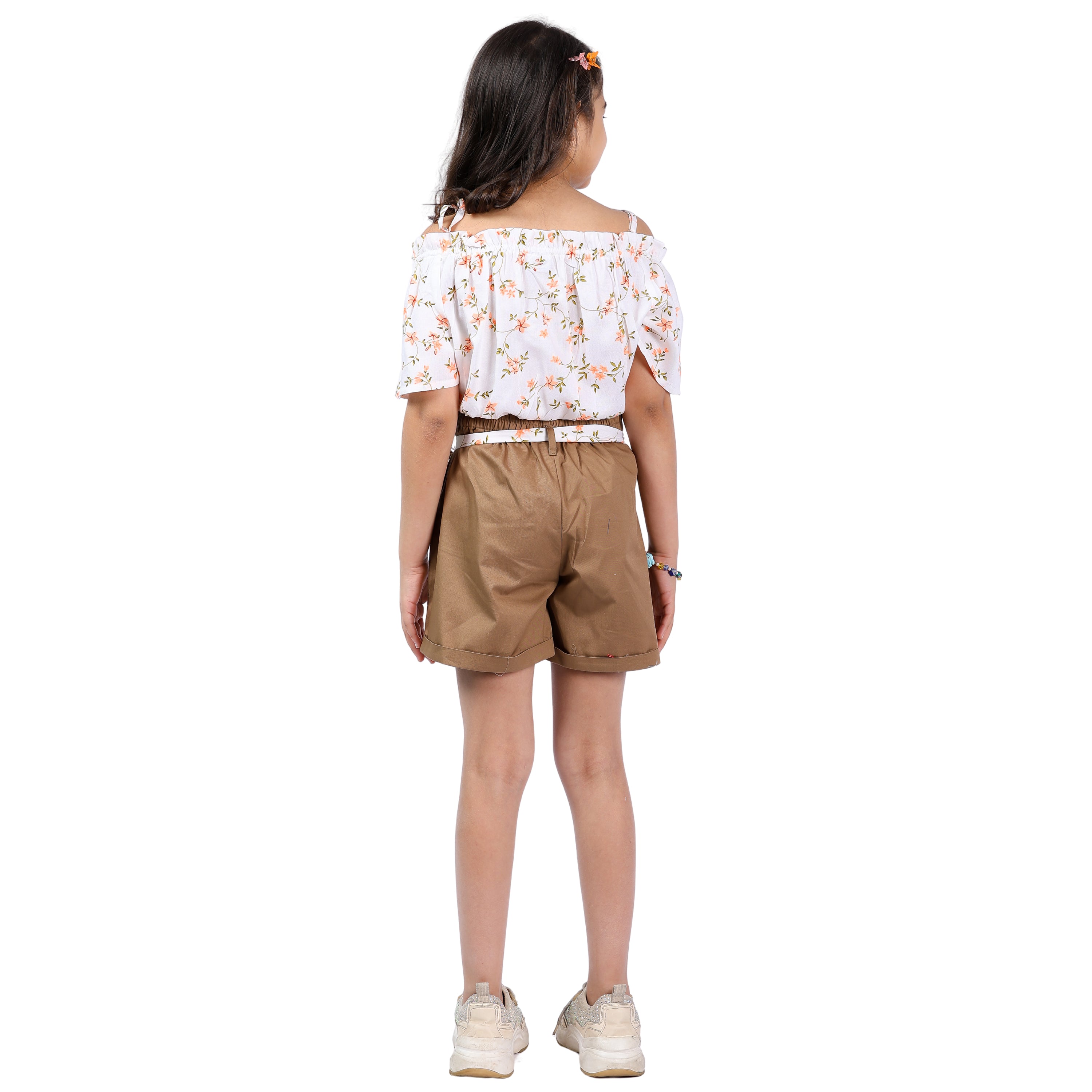 Girls Set – Floral Off-Shoulder Crop Top with Shorts (4–10 Yrs)