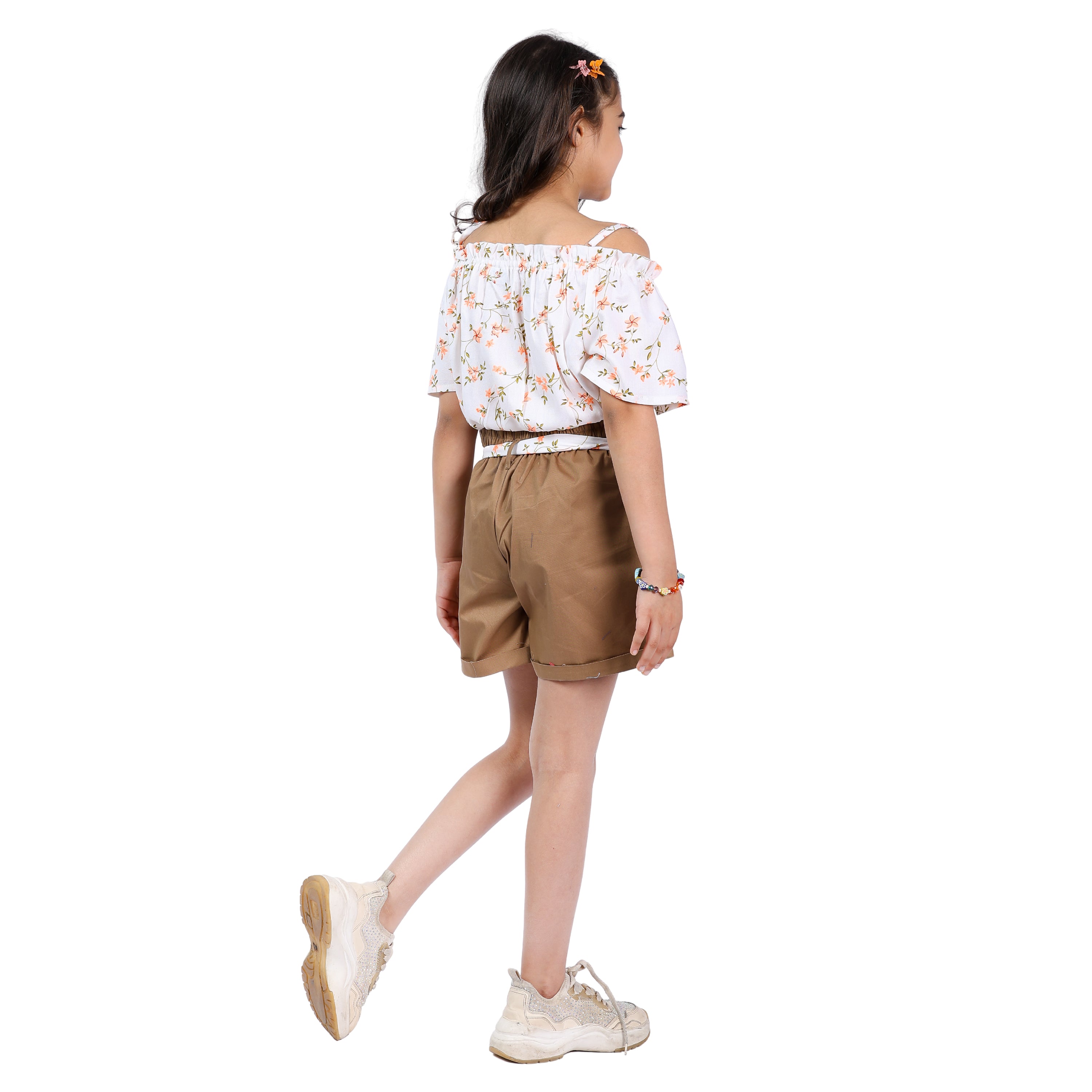 Girls Set – Floral Off-Shoulder Crop Top with Shorts (4–10 Yrs)