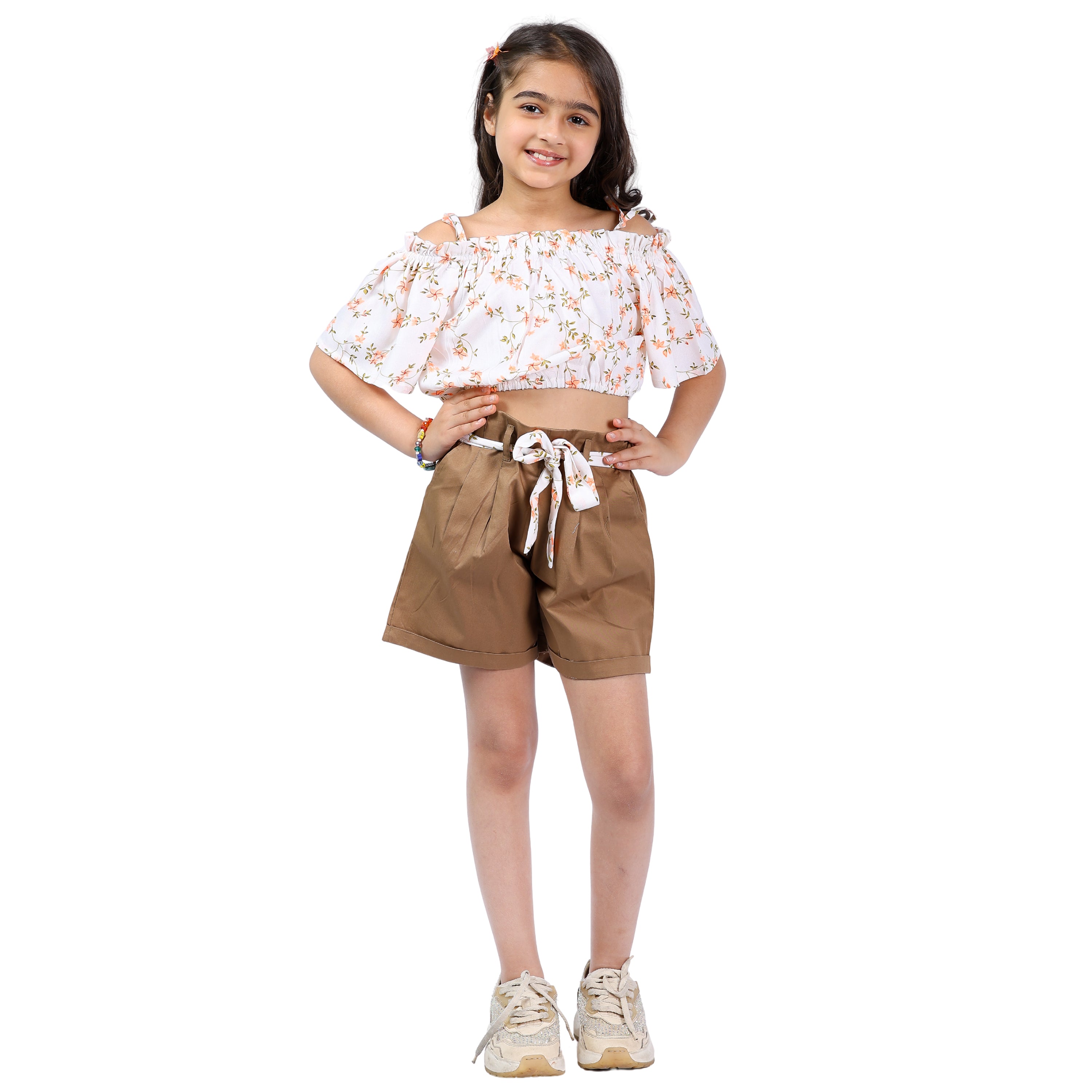 Girls Set – Floral Off-Shoulder Crop Top with Shorts (4–10 Yrs)