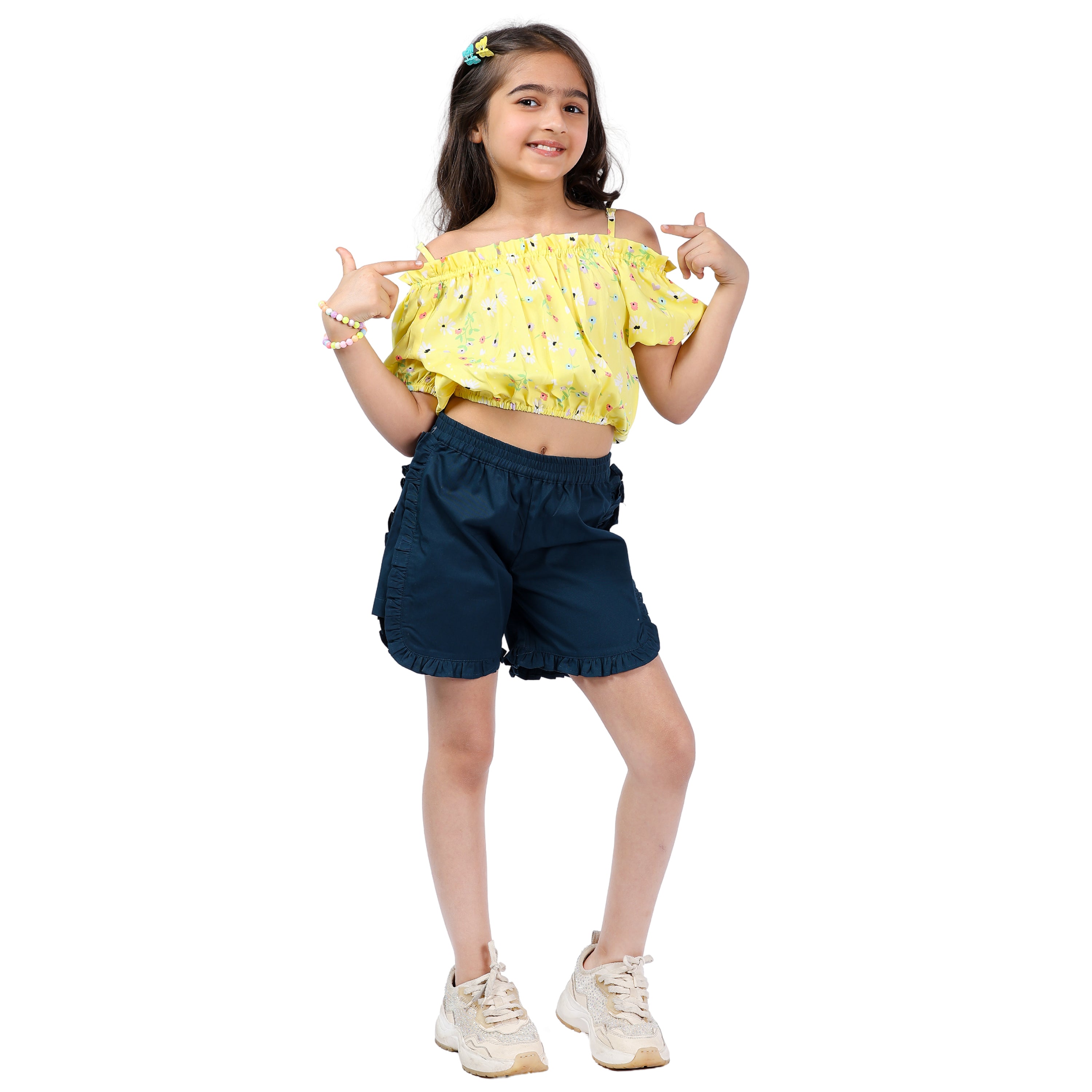 Girls Set – Floral Off-Shoulder Crop Top with Shorts (4–10 Yrs)