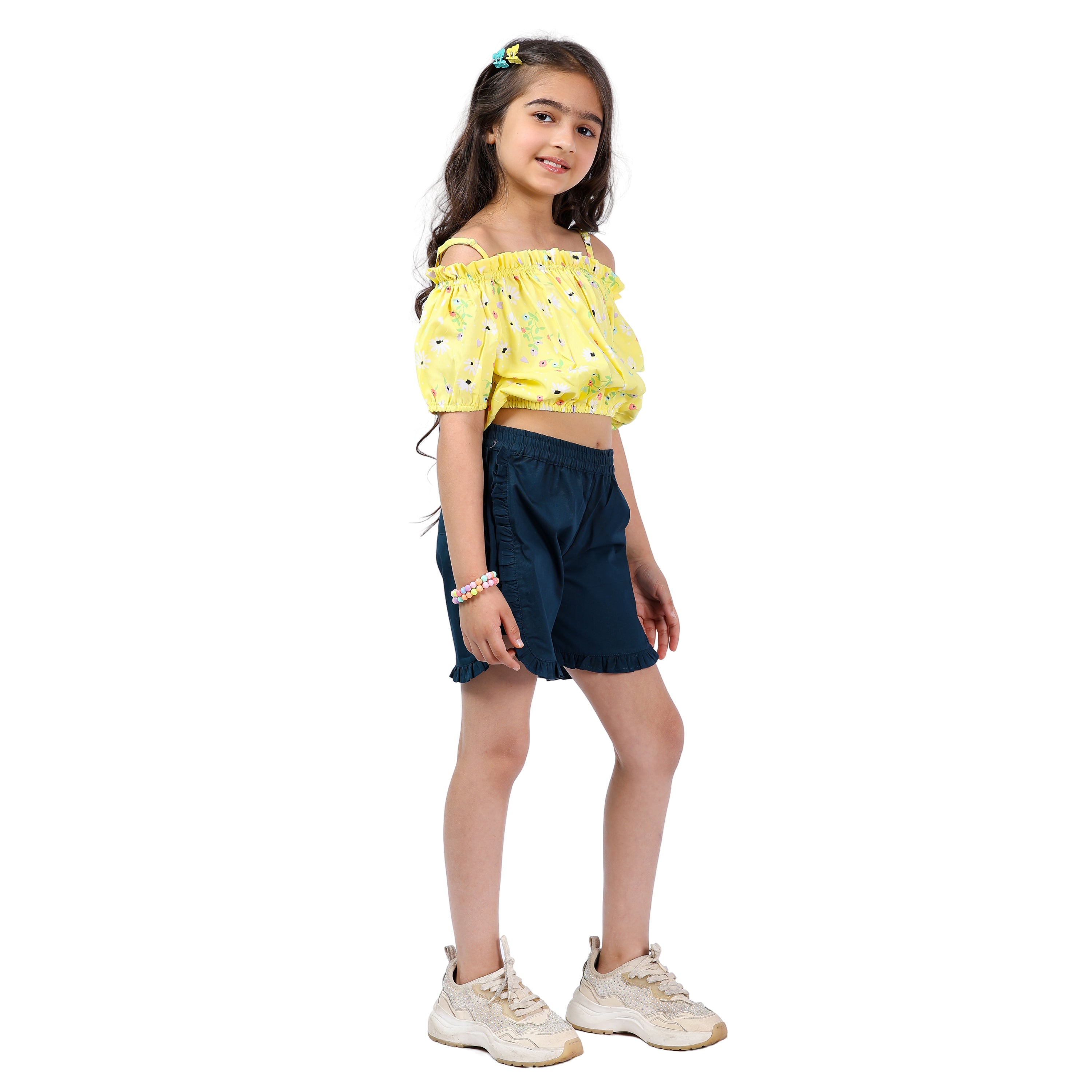 Girls Set – Floral Off-Shoulder Crop Top with Shorts (4–10 Yrs)