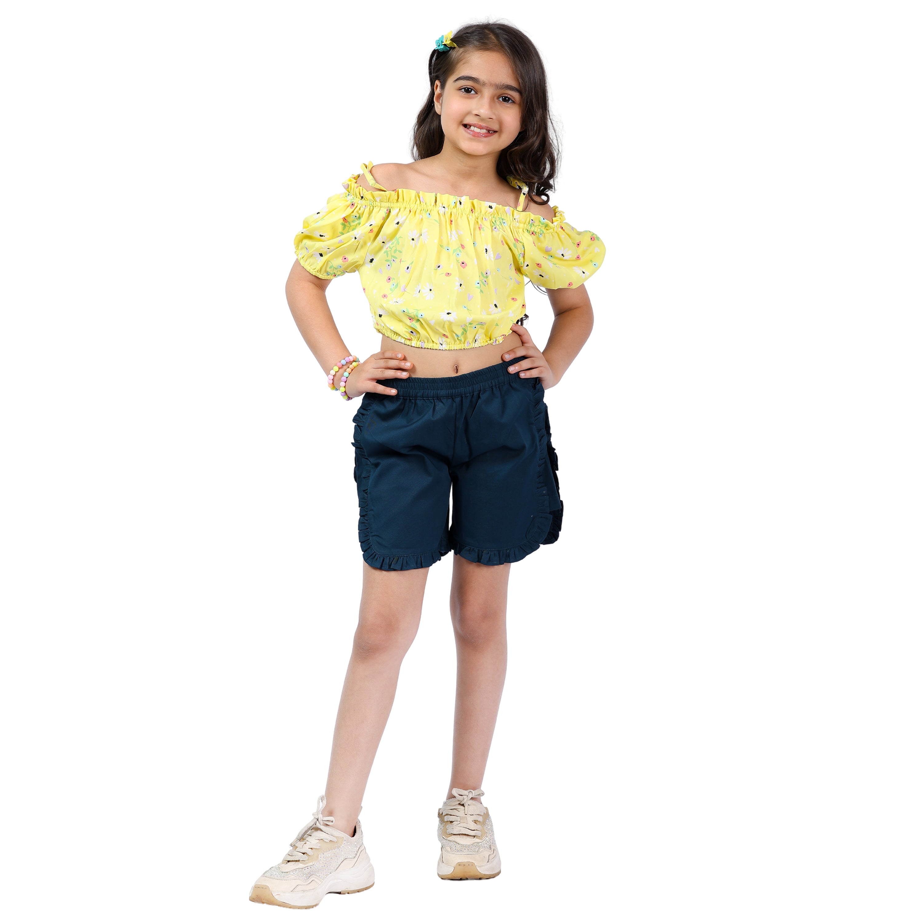 Girls Set – Floral Off-Shoulder Crop Top with Shorts (4–10 Yrs)