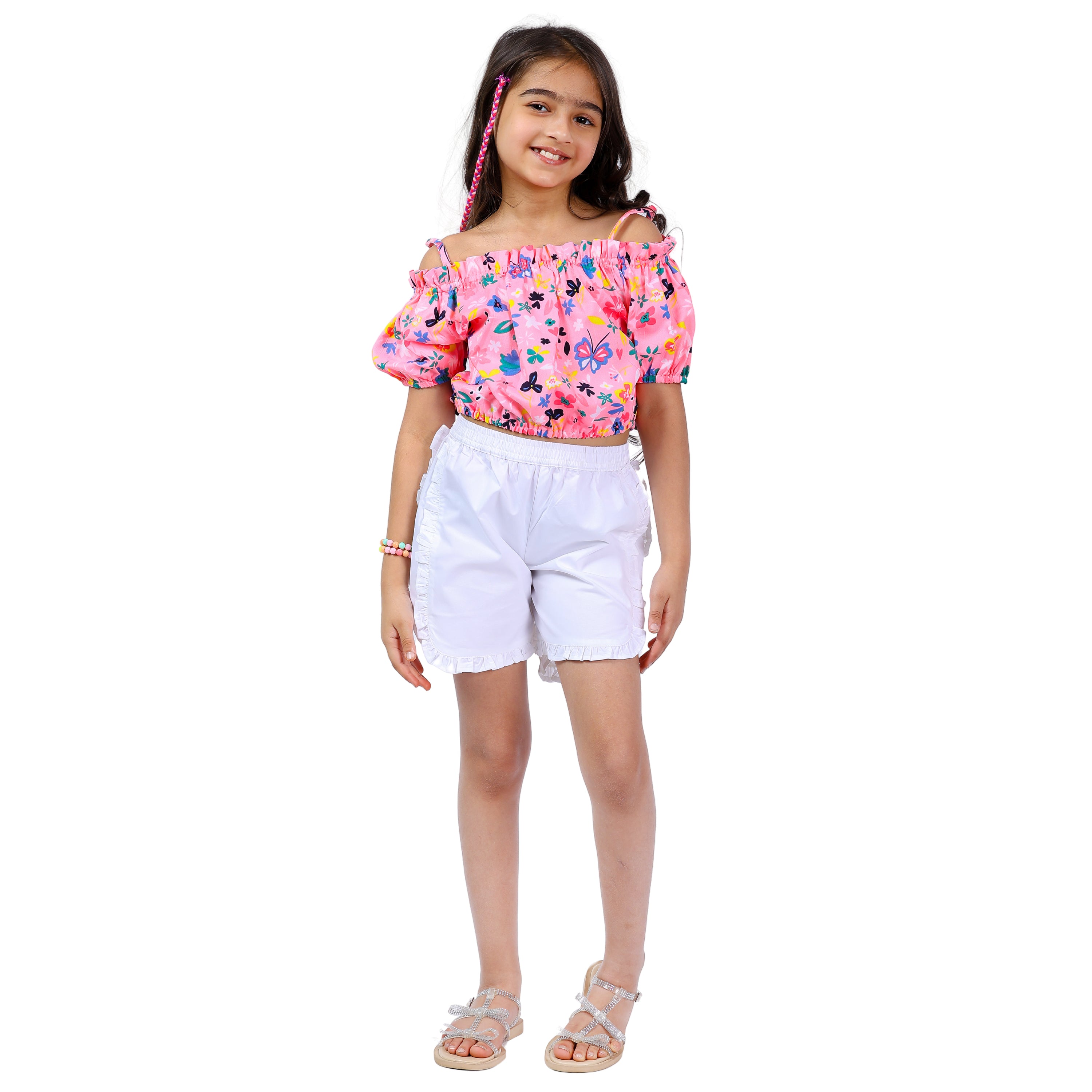 Girls Set – Floral Off-Shoulder Crop Top with Shorts (Neon Pink/White, 4–10 Yrs)