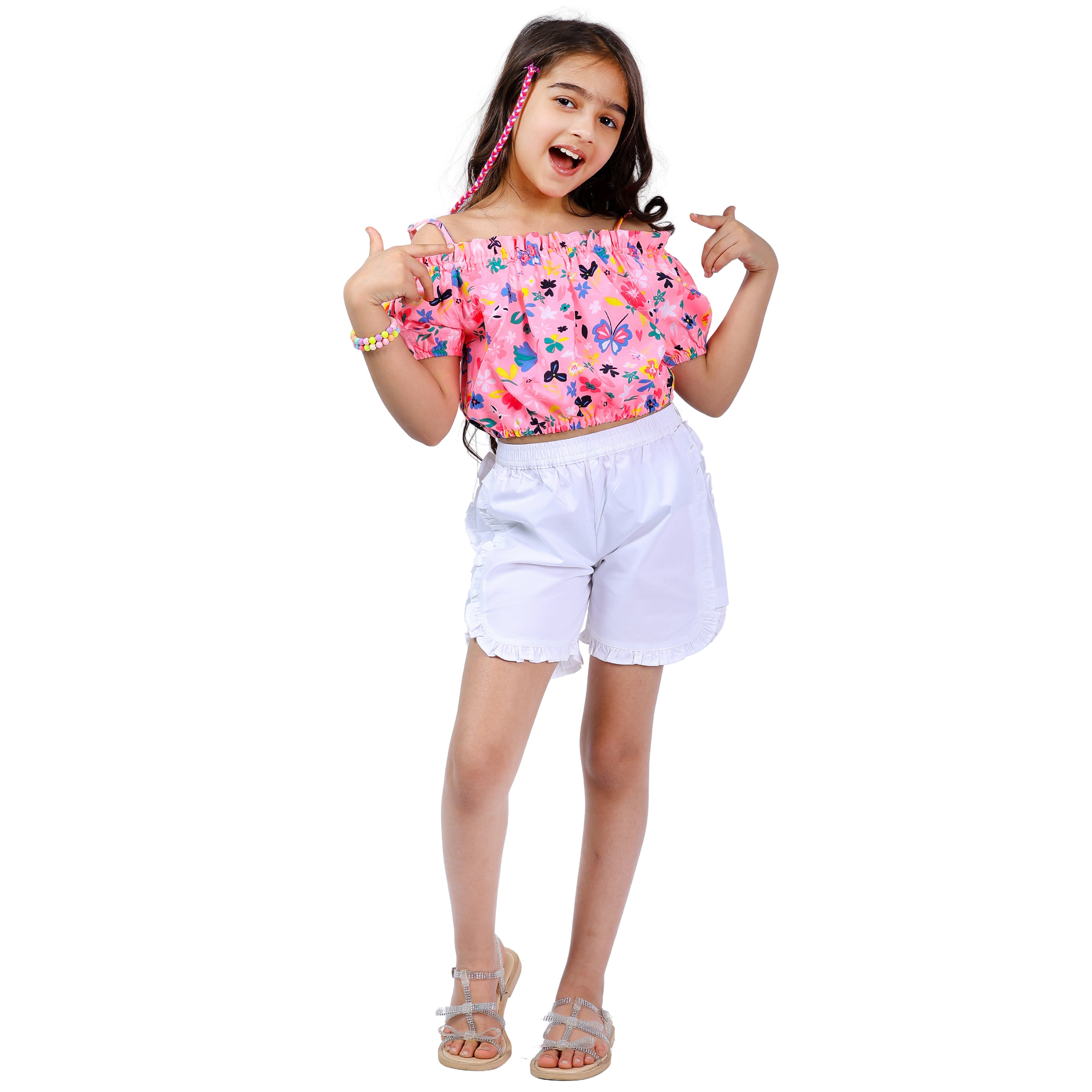 Girls Set – Floral Off-Shoulder Crop Top with Shorts (Neon Pink/White, 4–10 Yrs)