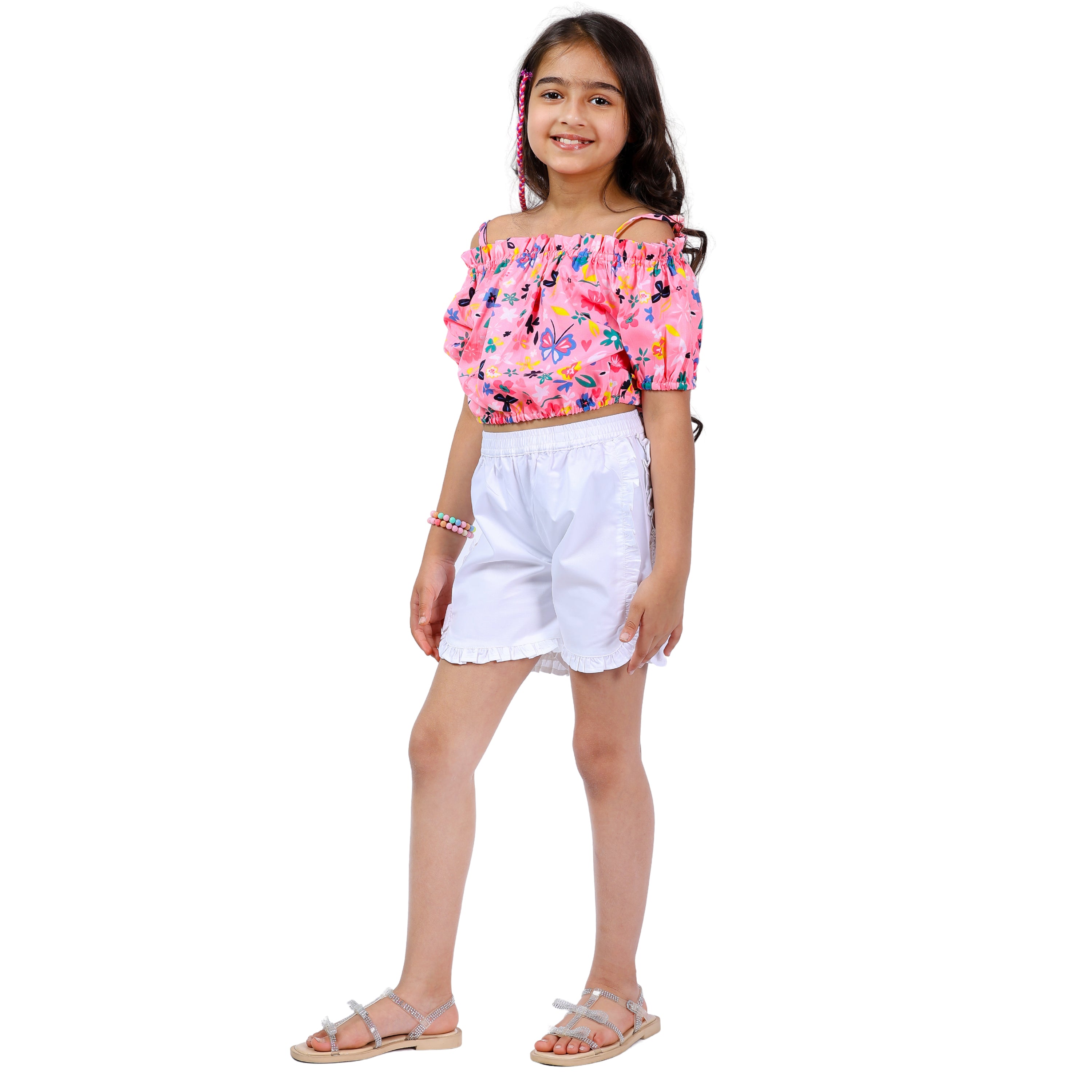 Girls Set – Floral Off-Shoulder Crop Top with Shorts (Neon Pink/White, 4–10 Yrs)