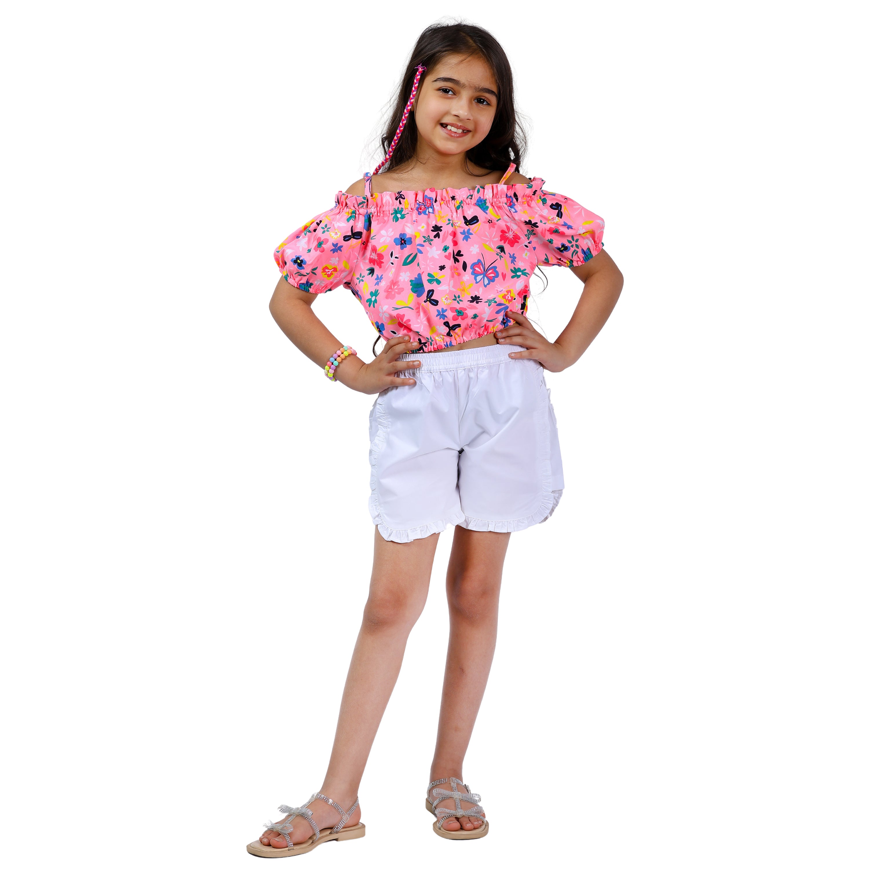 Girls Set – Floral Off-Shoulder Crop Top with Shorts (Neon Pink/White, 4–10 Yrs)
