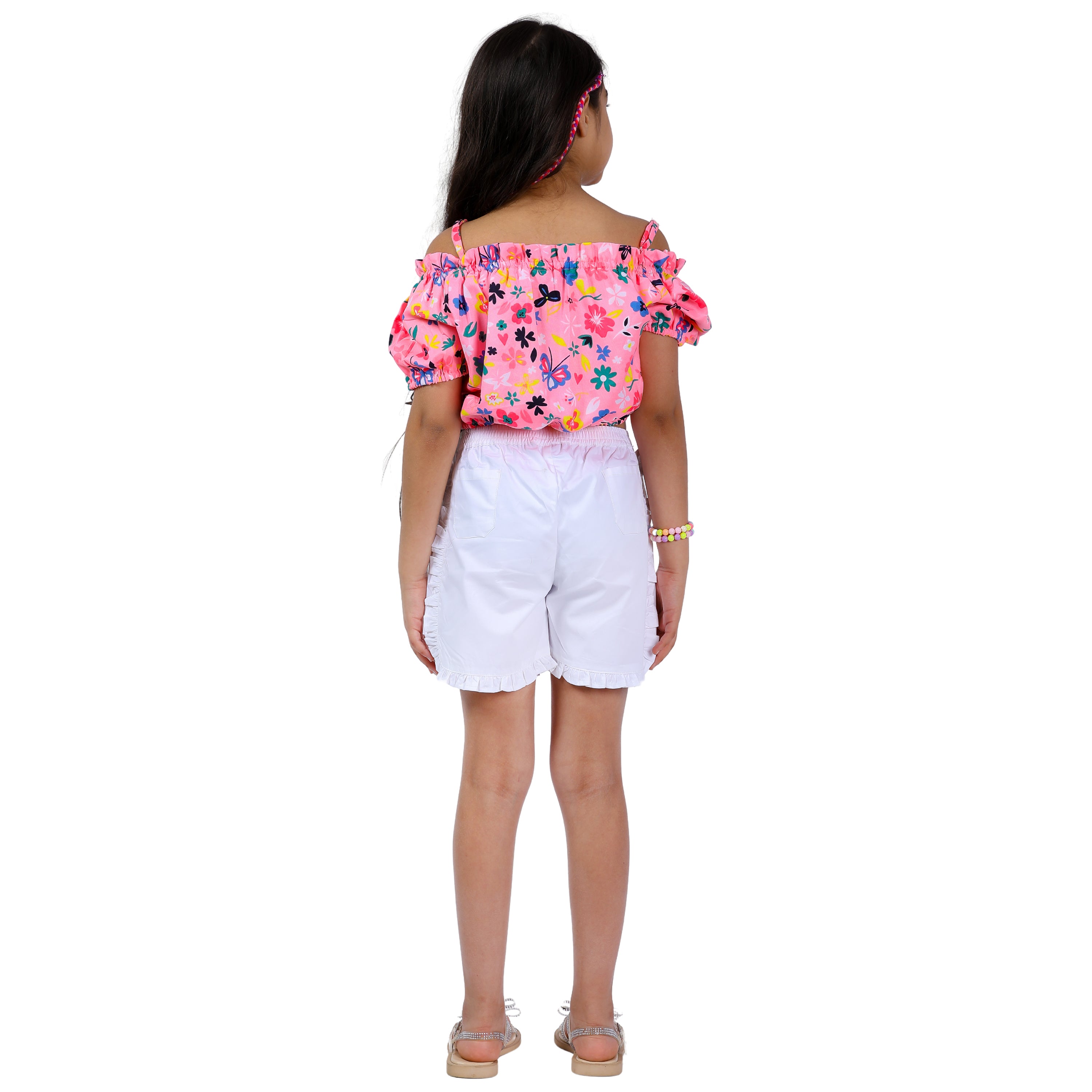 Girls Set – Floral Off-Shoulder Crop Top with Shorts (Neon Pink/White, 4–10 Yrs)