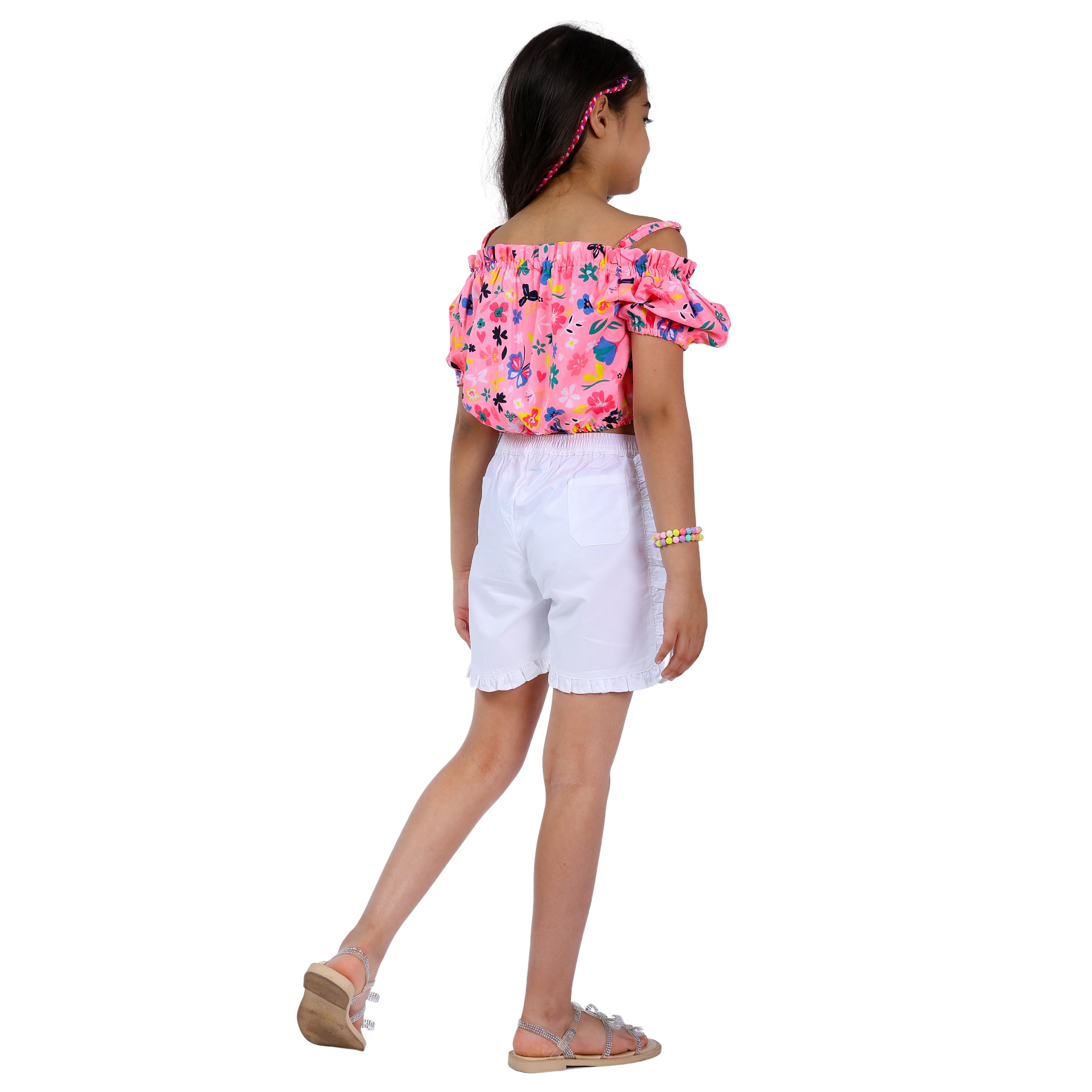 Girls Set – Floral Off-Shoulder Crop Top with Shorts (Neon Pink/White, 4–10 Yrs)