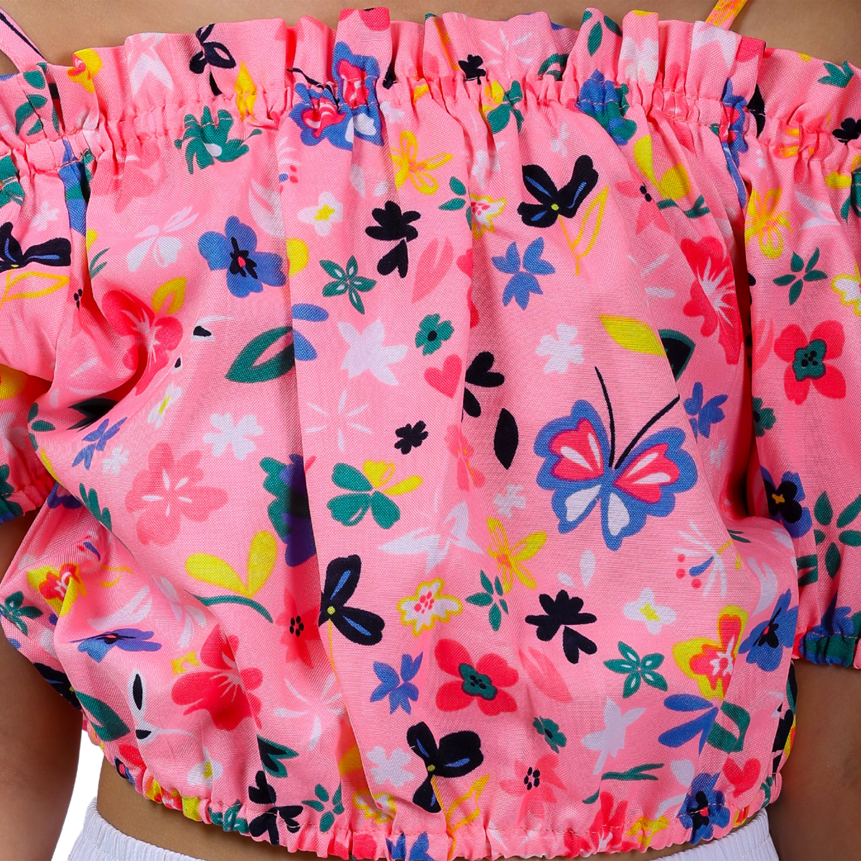 Girls Set – Floral Off-Shoulder Crop Top with Shorts (Neon Pink/White, 4–10 Yrs)