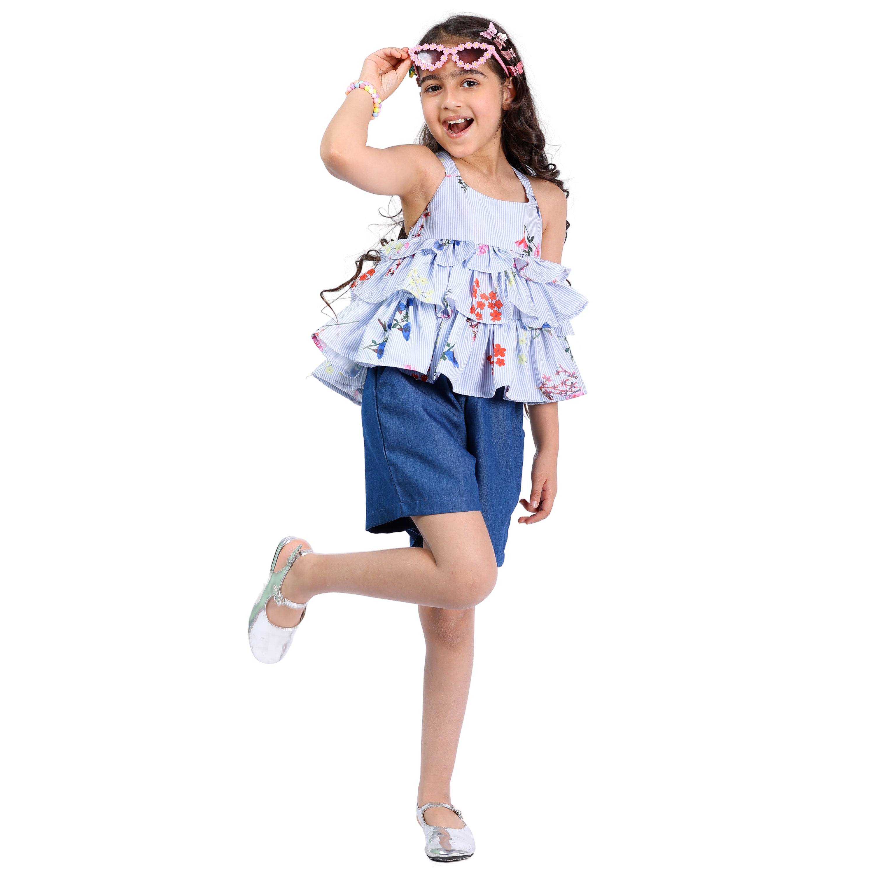 Girls Polka Printed Frill Top with Denim Shorts Set (4–10 Yrs)