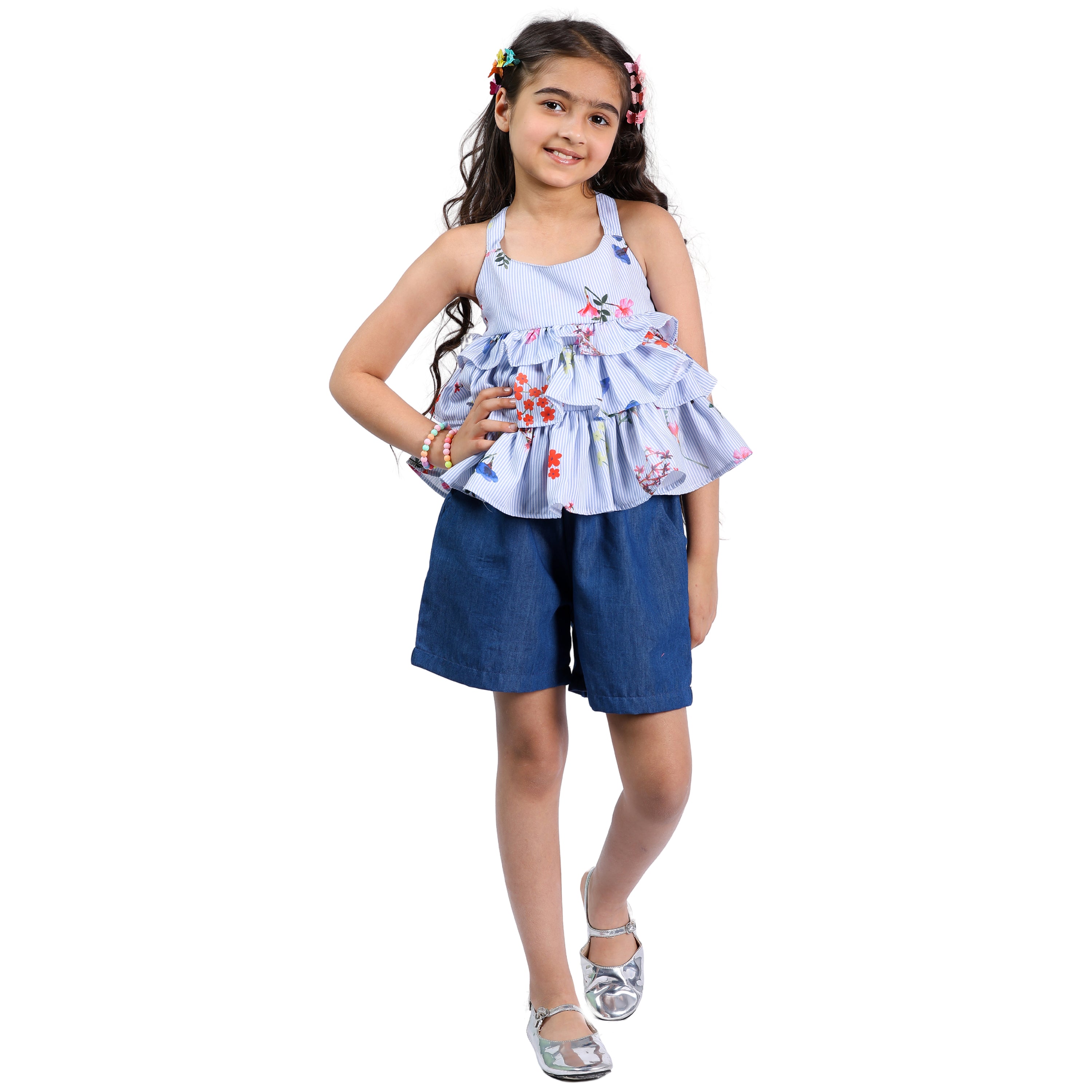Girls Polka Printed Frill Top with Denim Shorts Set (4–10 Yrs)