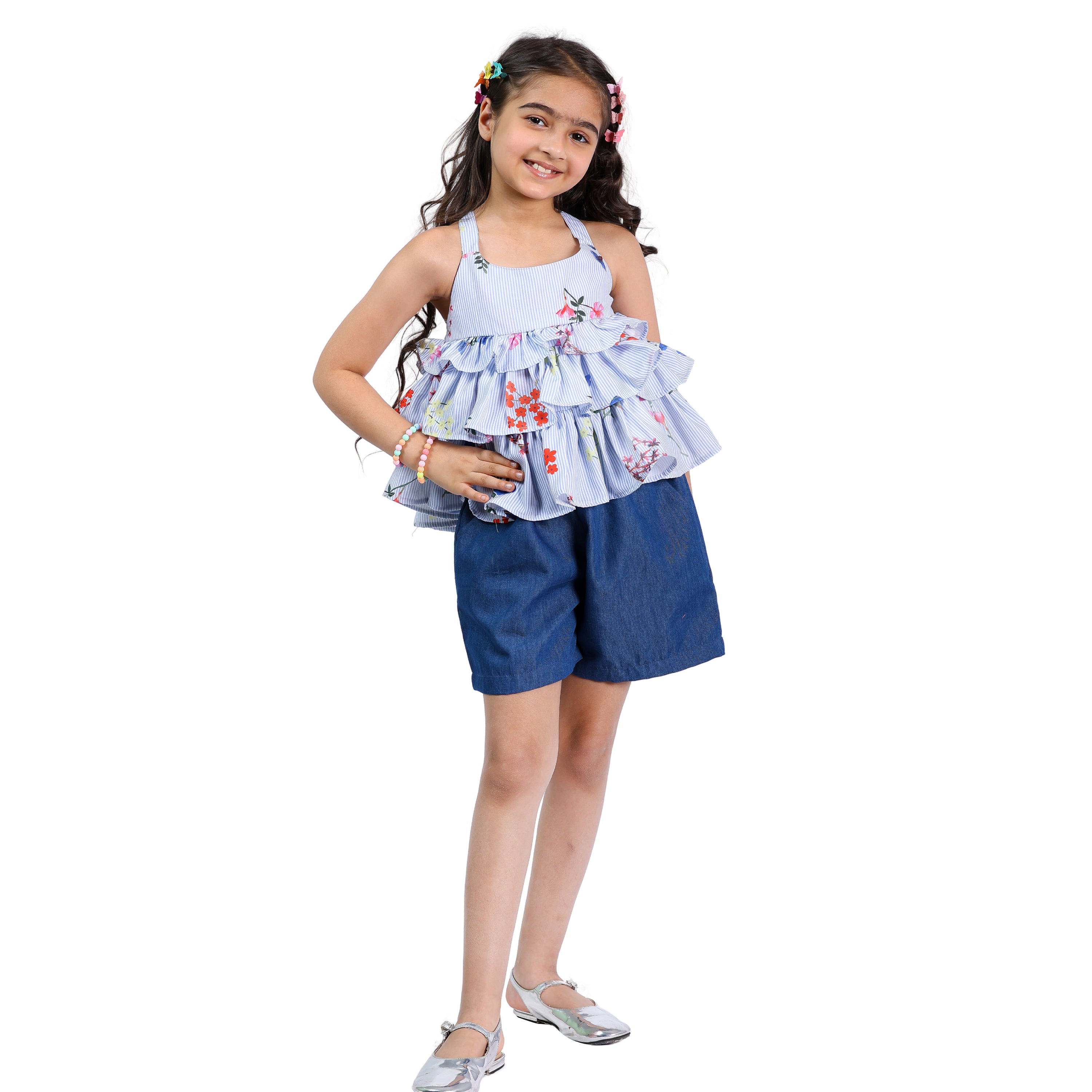 Girls Polka Printed Frill Top with Denim Shorts Set (4–10 Yrs)