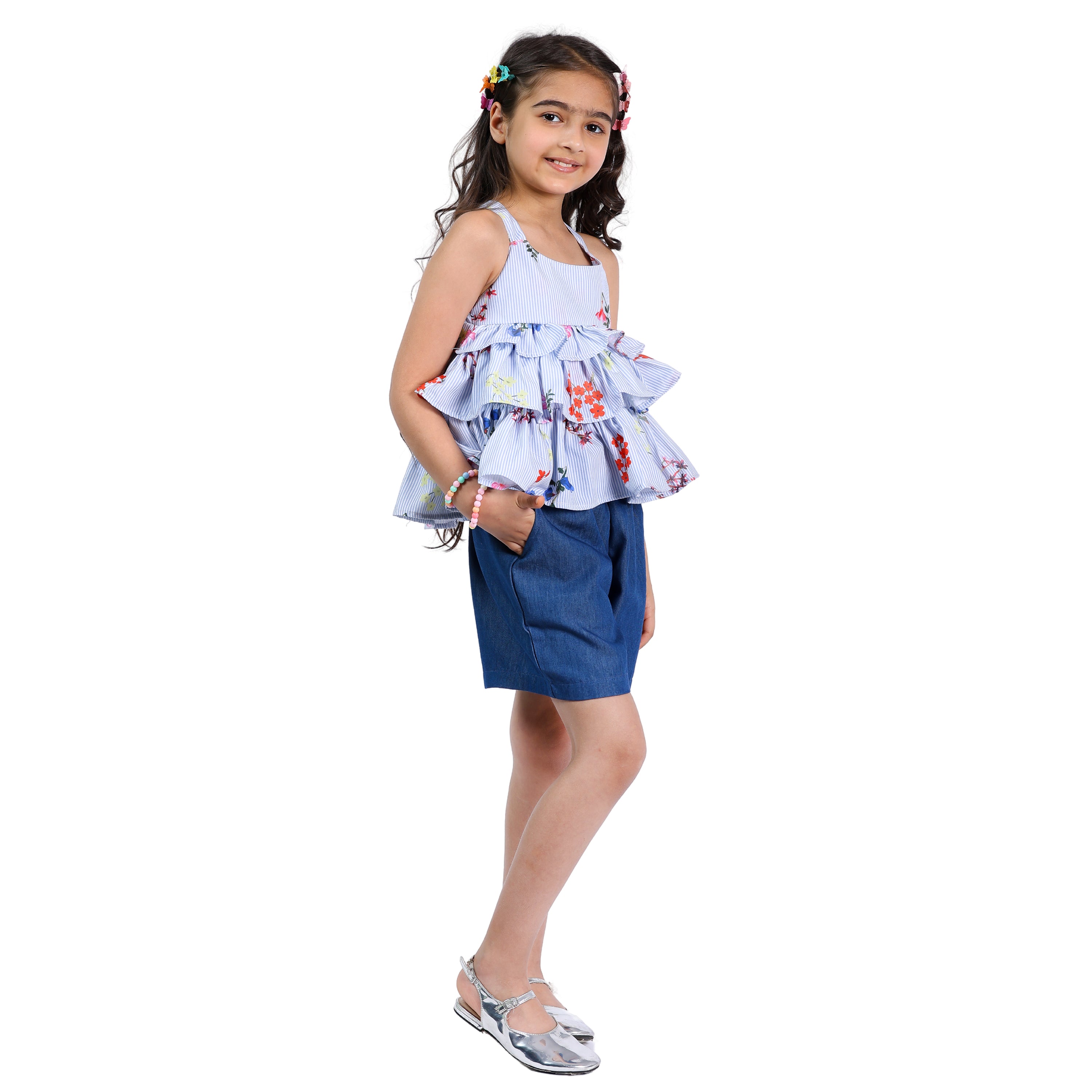 Girls Polka Printed Frill Top with Denim Shorts Set (4–10 Yrs)