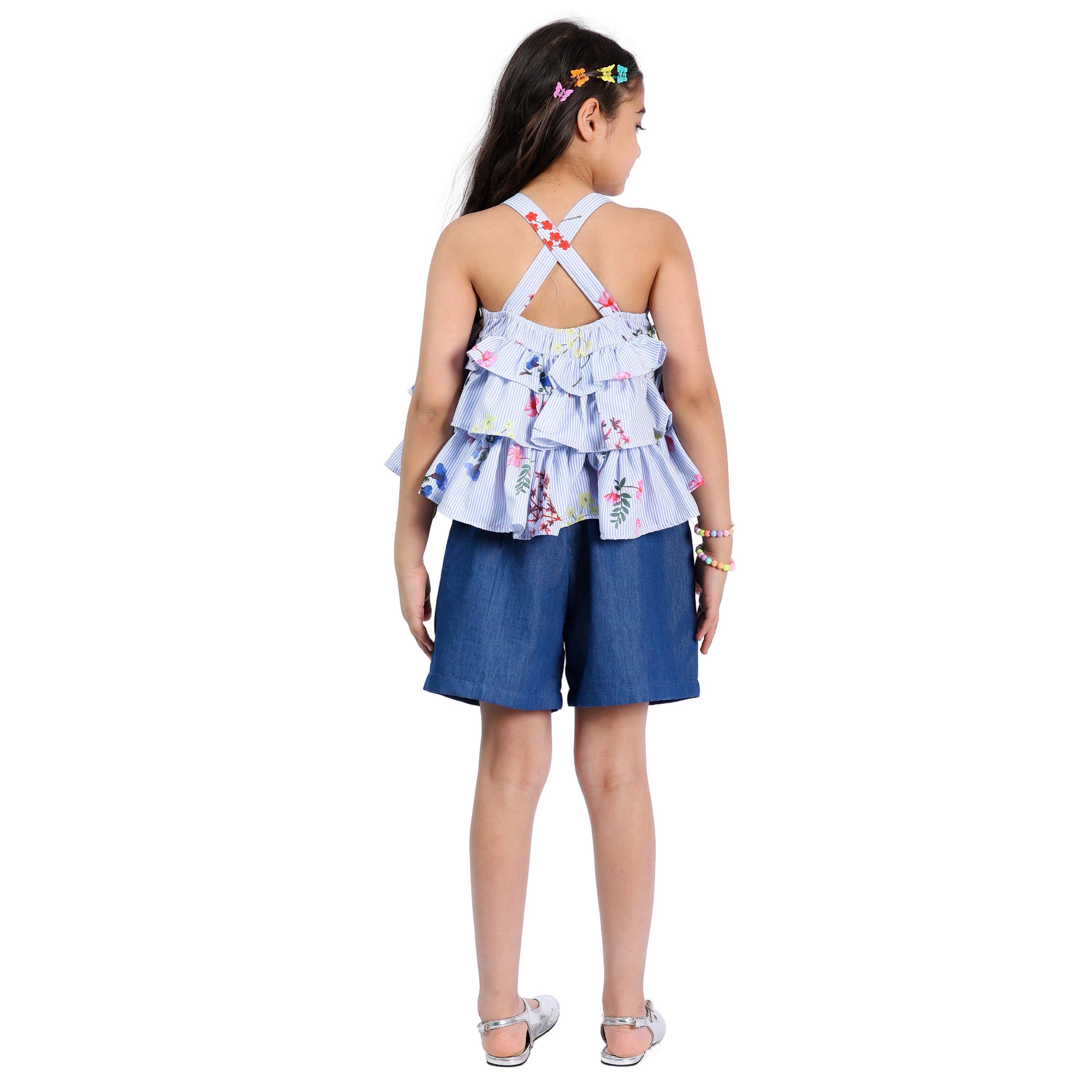 Girls Polka Printed Frill Top with Denim Shorts Set (4–10 Yrs)
