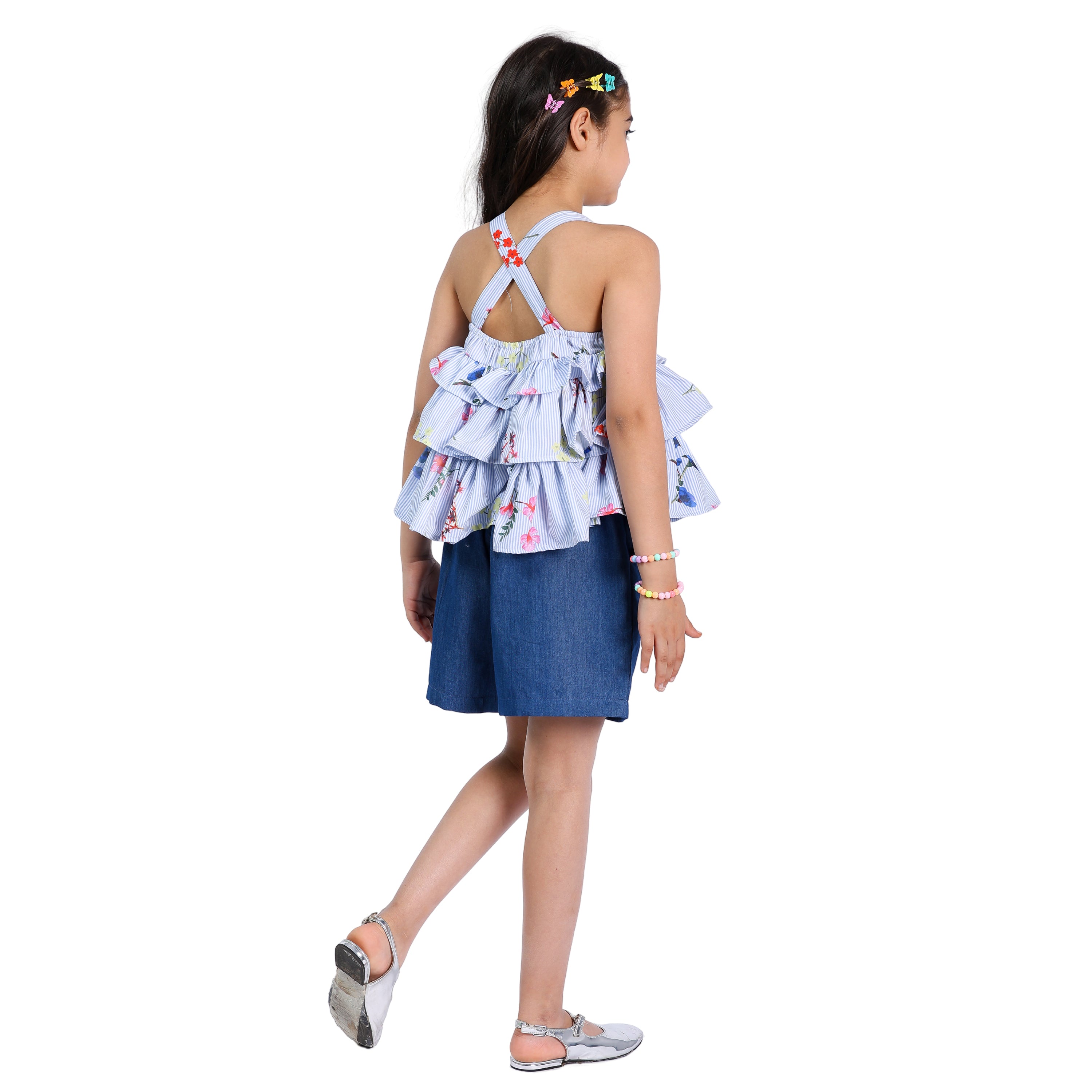Girls Polka Printed Frill Top with Denim Shorts Set (4–10 Yrs)