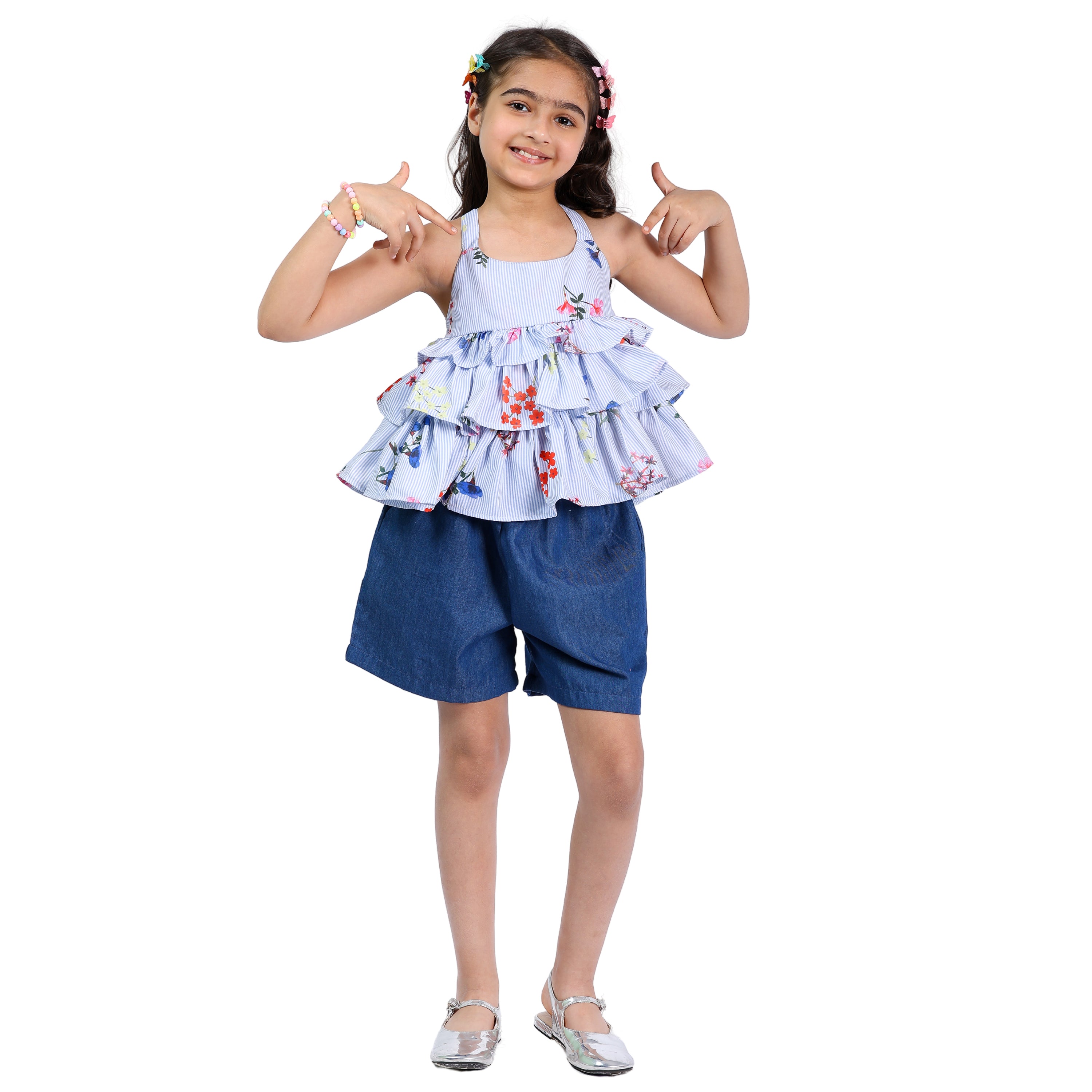 Girls Polka Printed Frill Top with Denim Shorts Set (4–10 Yrs)