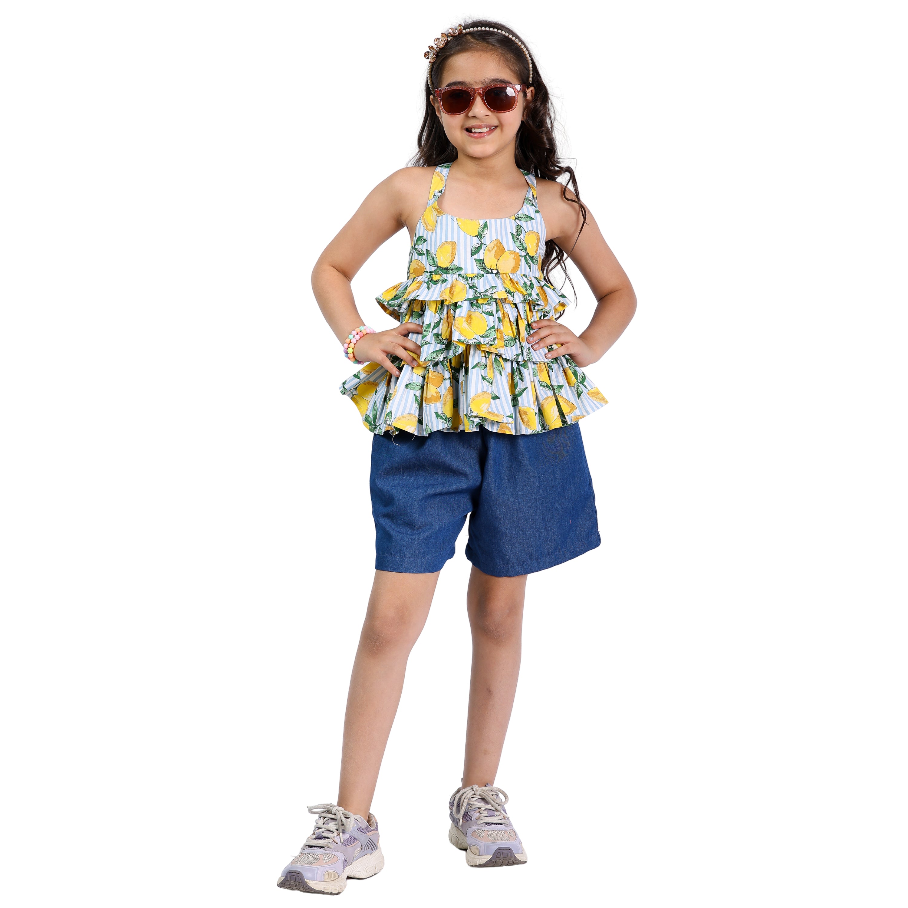 Girls Lemon & Polka Printed Top with Denim Shorts – 4–10 Yrs