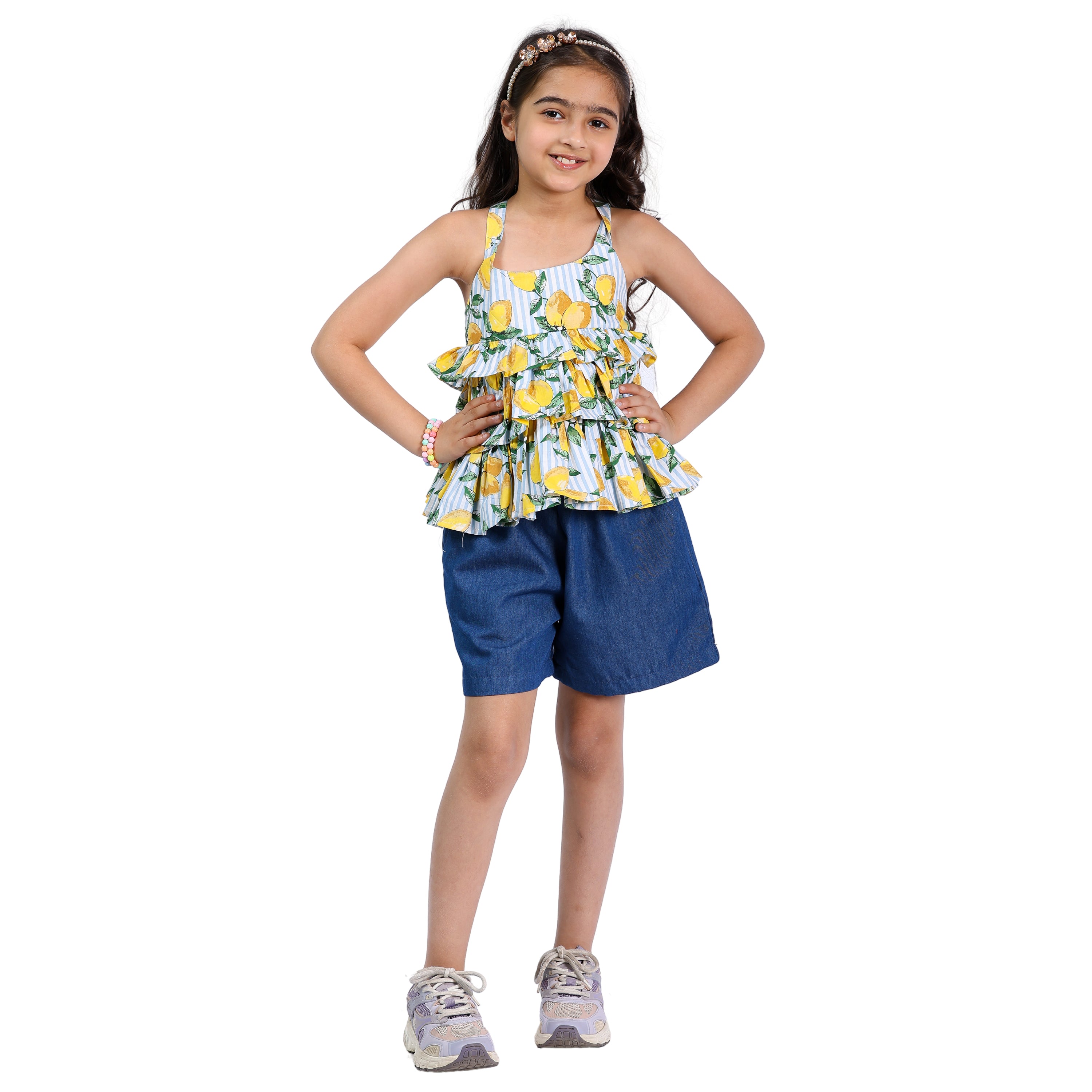 Girls Lemon & Polka Printed Top with Denim Shorts – 4–10 Yrs