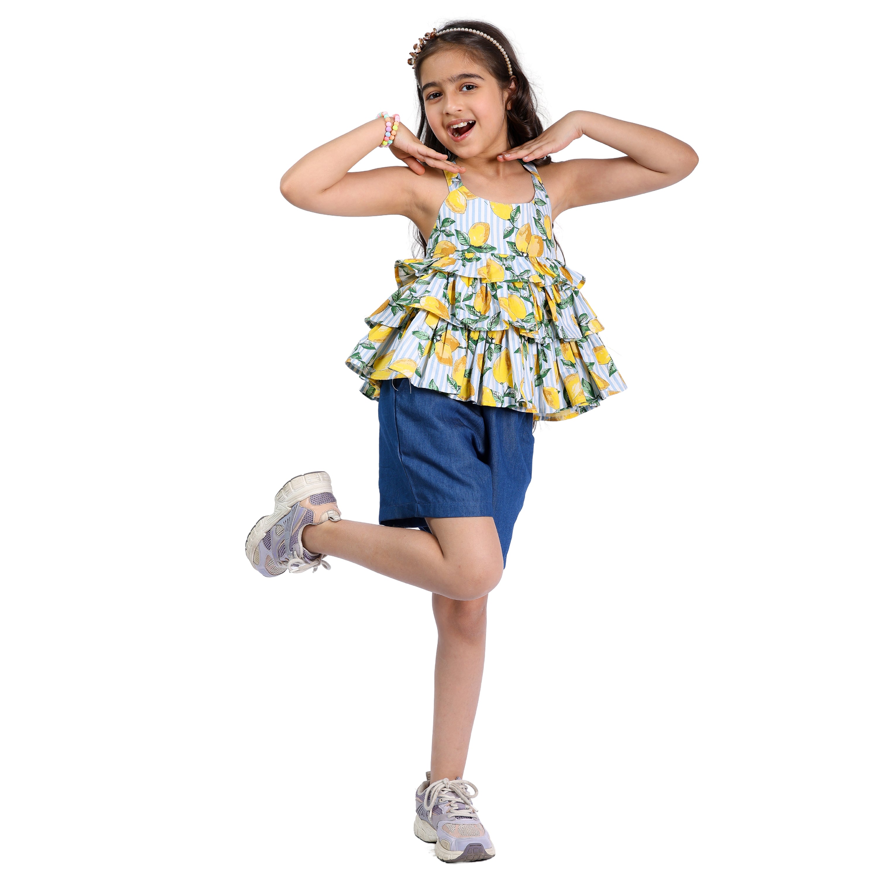 Girls Lemon & Polka Printed Top with Denim Shorts – 4–10 Yrs
