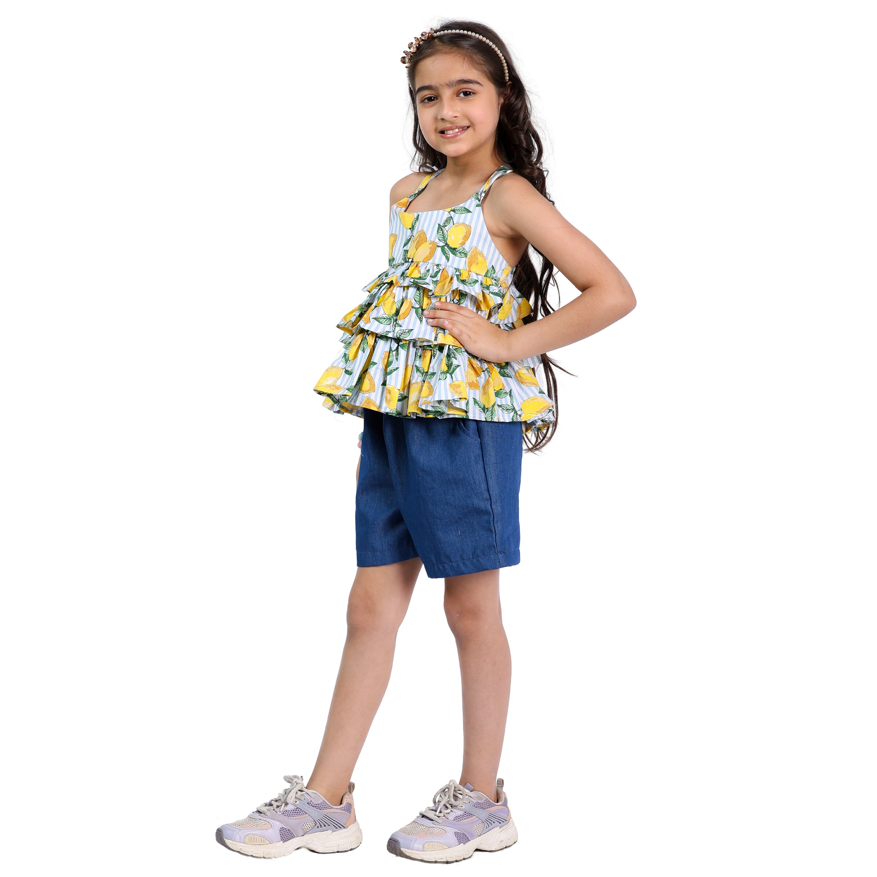Girls Lemon & Polka Printed Top with Denim Shorts – 4–10 Yrs