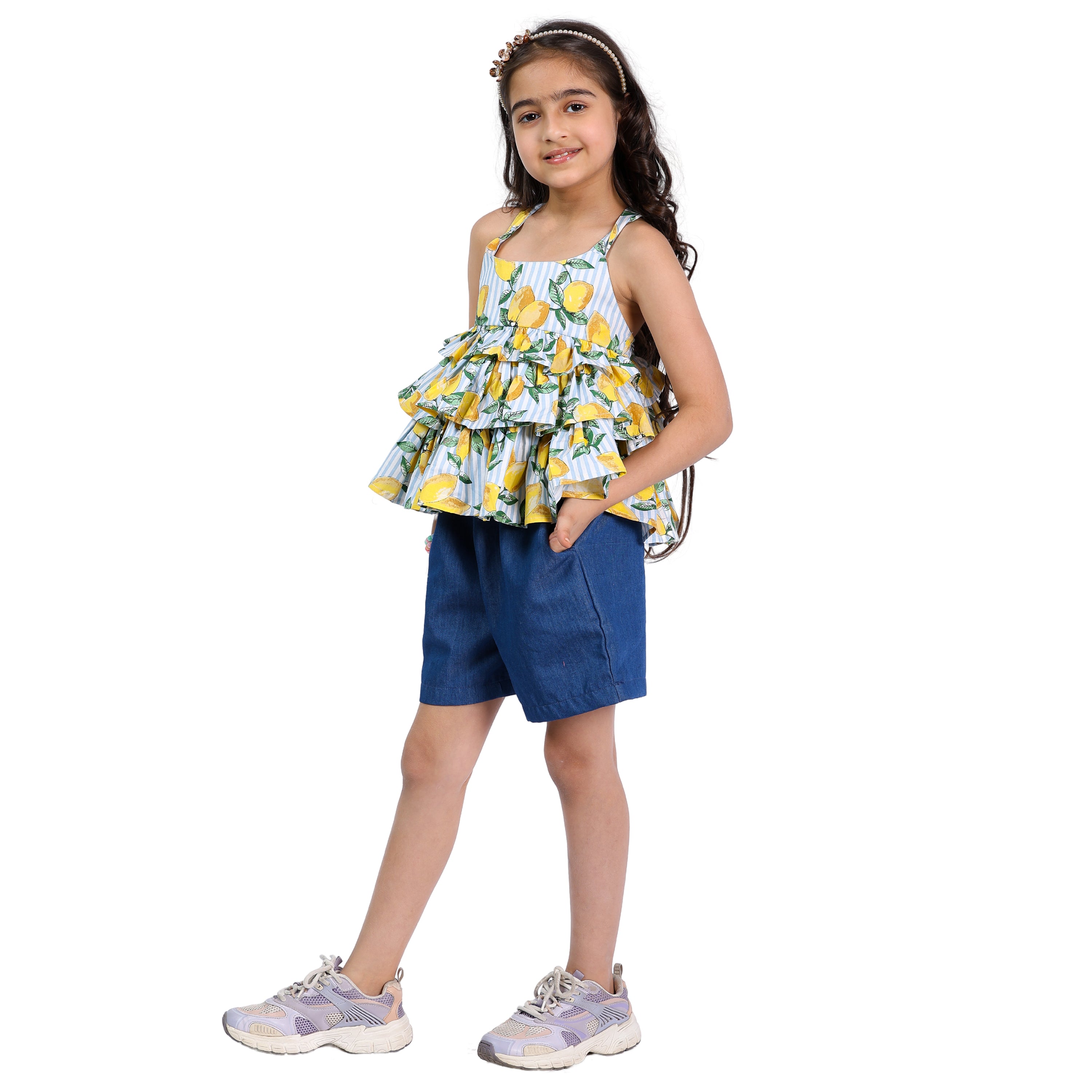 Girls Lemon & Polka Printed Top with Denim Shorts – 4–10 Yrs