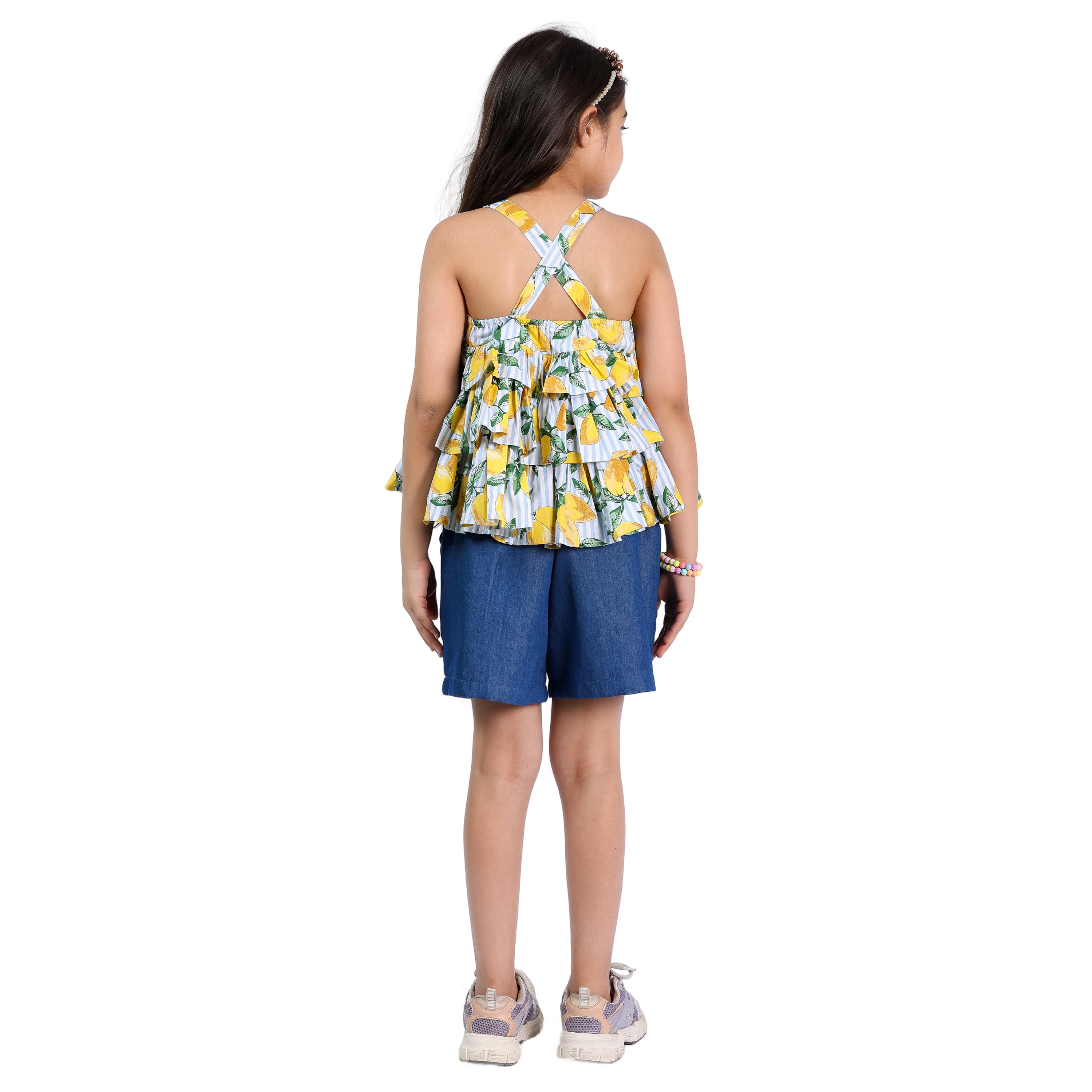Girls Lemon & Polka Printed Top with Denim Shorts – 4–10 Yrs