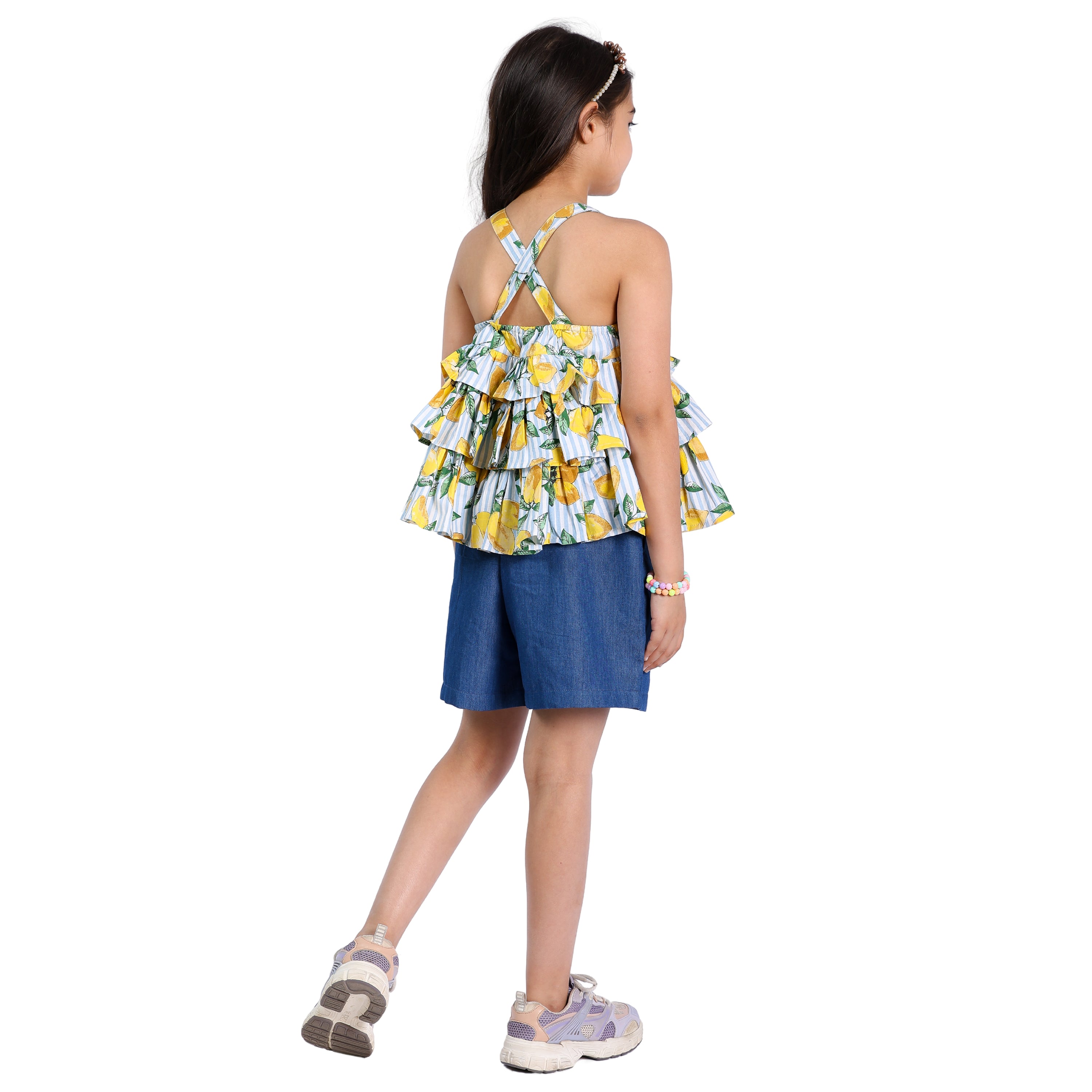 Girls Lemon & Polka Printed Top with Denim Shorts – 4–10 Yrs