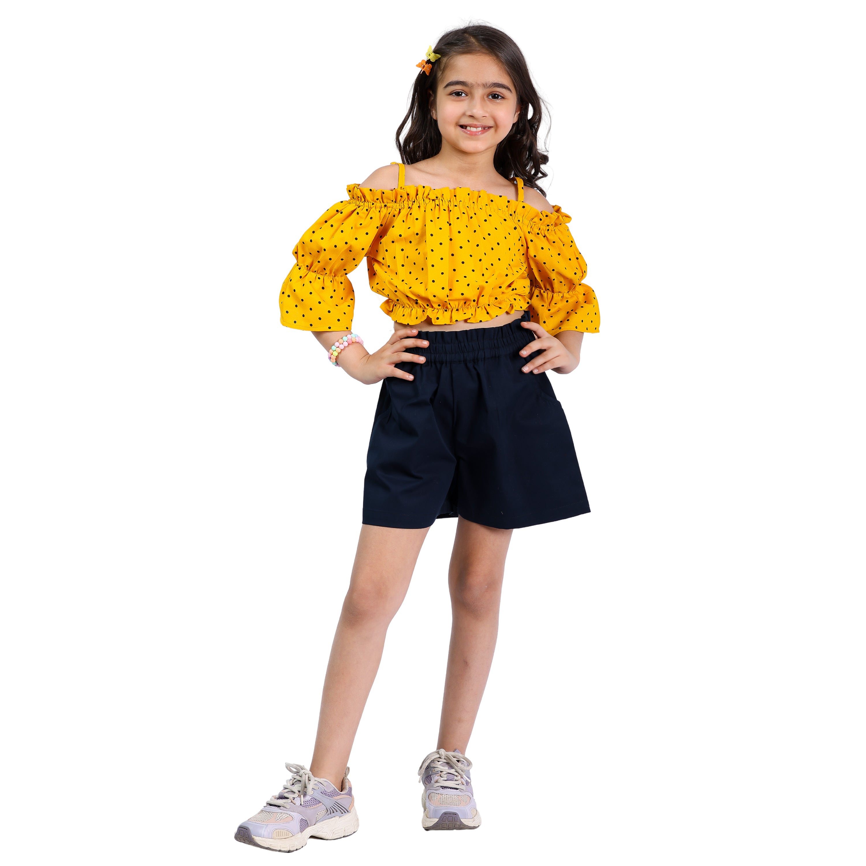 Girls Set – Polka Off-Shoulder Crop Top with Shorts (4–10 Yrs)