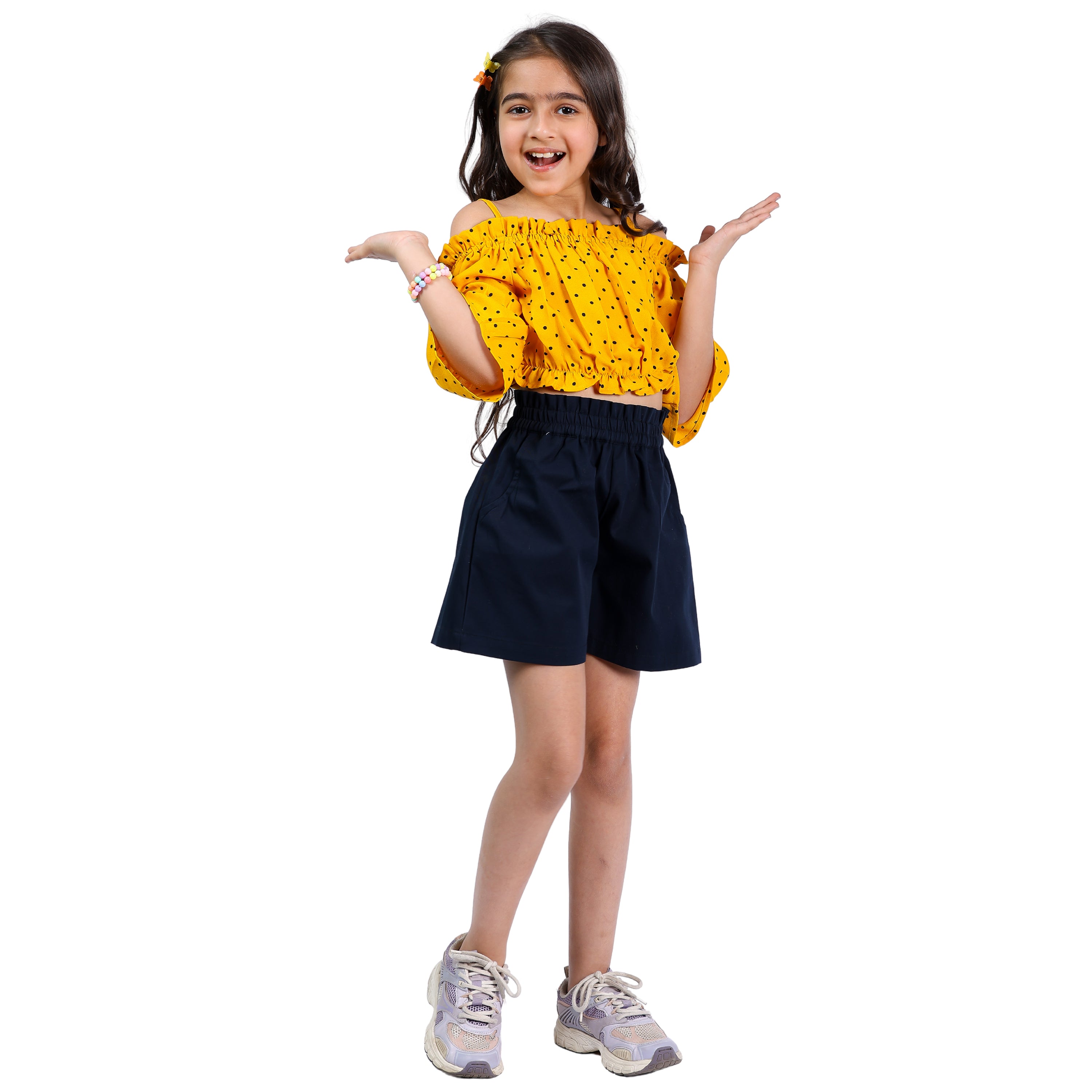 Girls Set – Polka Off-Shoulder Crop Top with Shorts (4–10 Yrs)