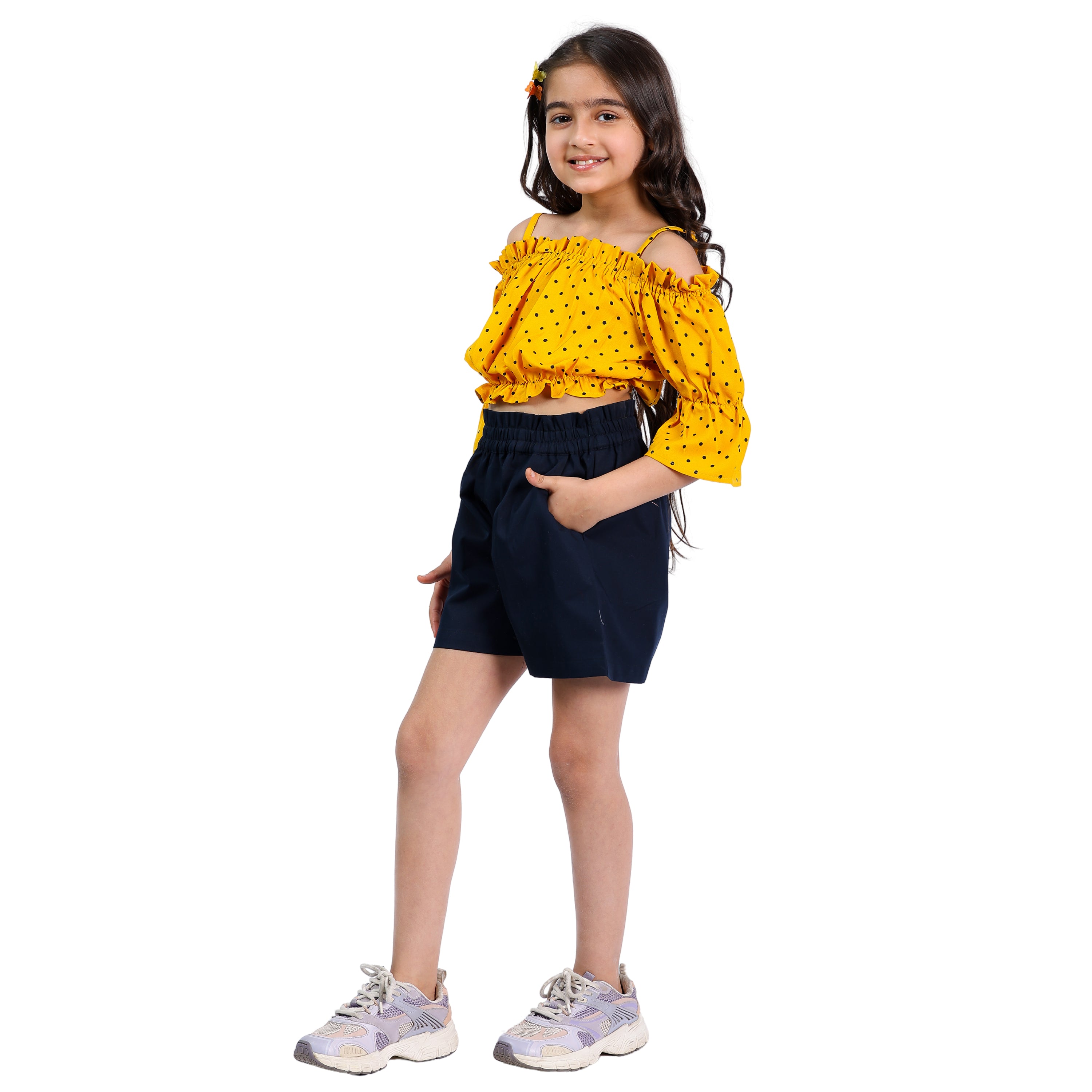 Girls Set – Polka Off-Shoulder Crop Top with Shorts (4–10 Yrs)