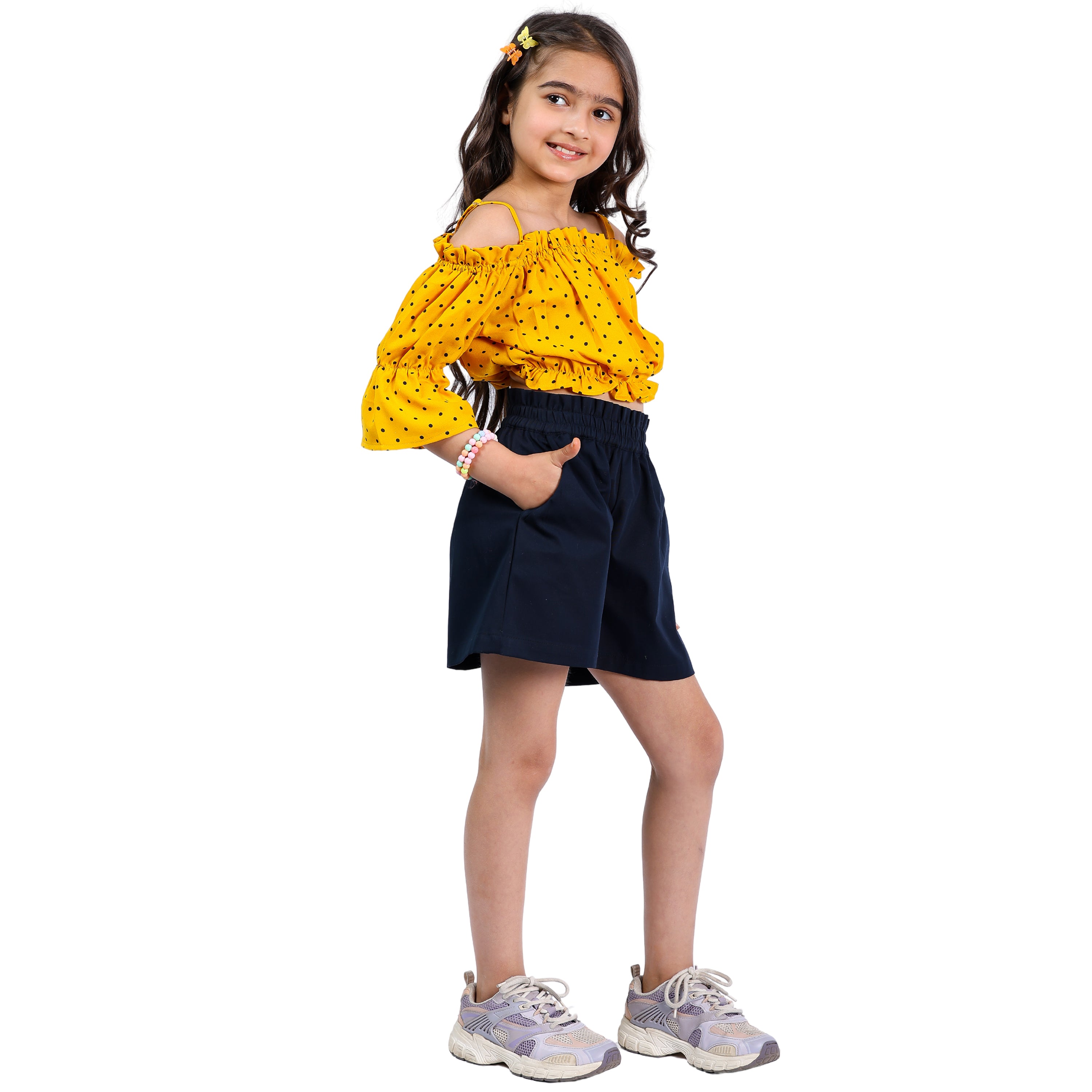 Girls Set – Polka Off-Shoulder Crop Top with Shorts (4–10 Yrs)