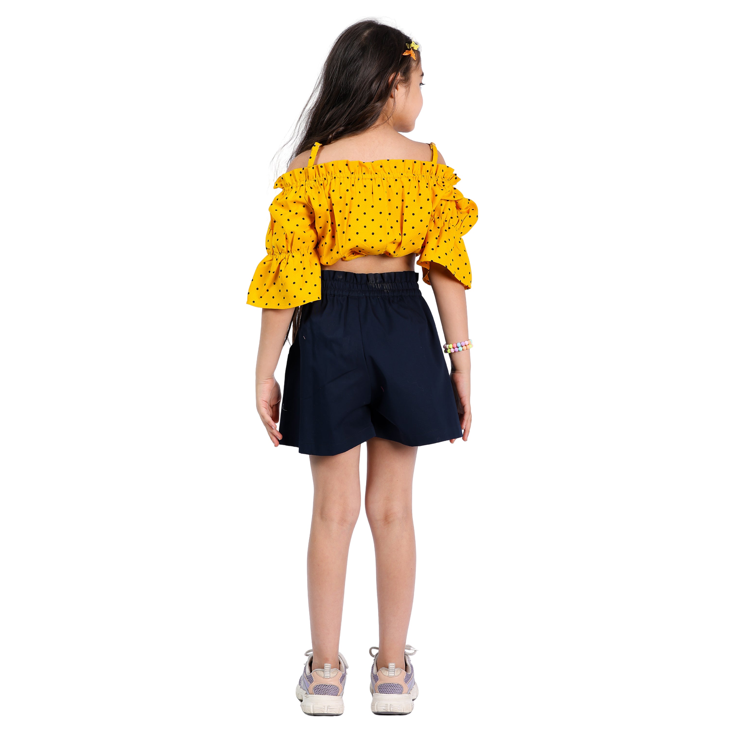 Girls Set – Polka Off-Shoulder Crop Top with Shorts (4–10 Yrs)