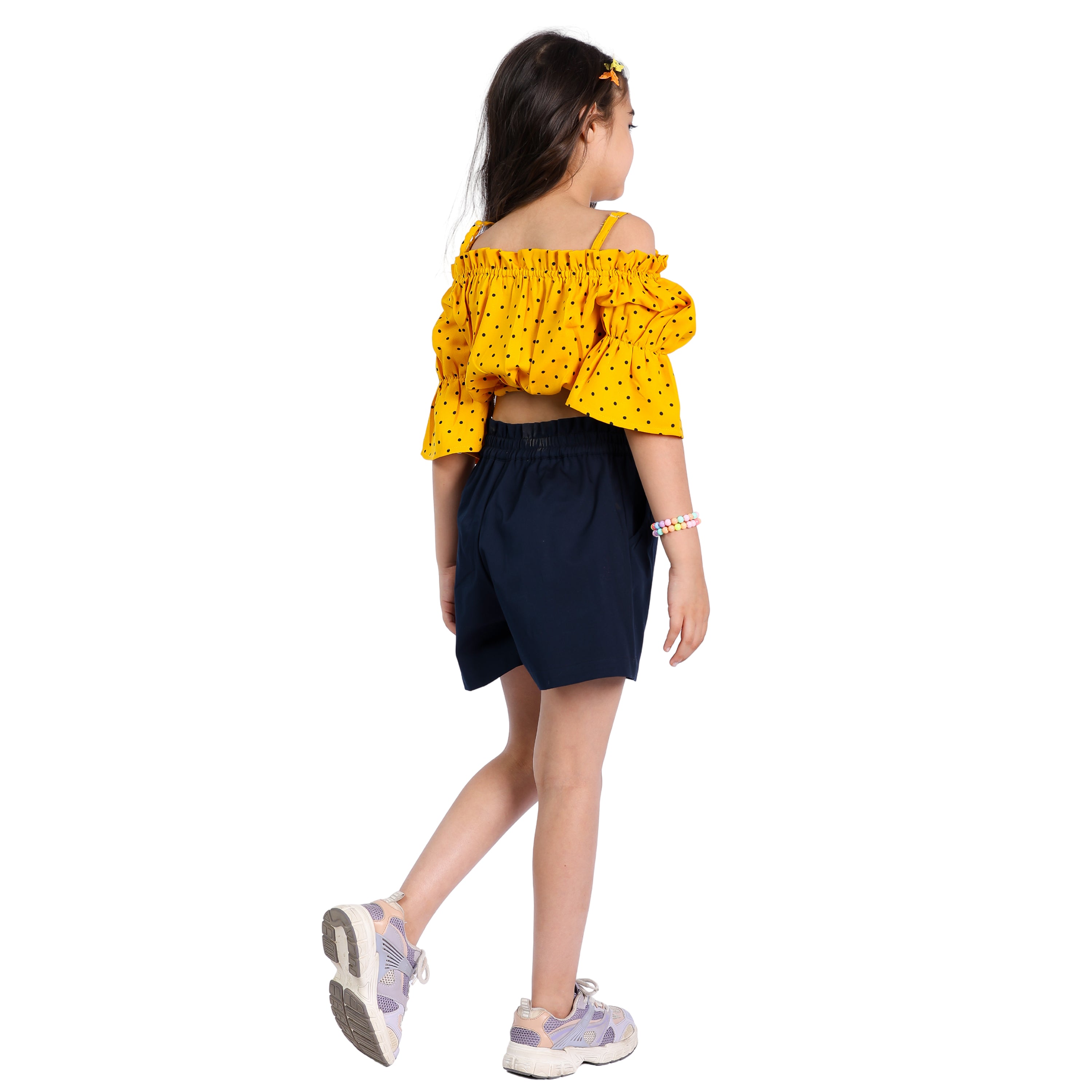 Girls Set – Polka Off-Shoulder Crop Top with Shorts (4–10 Yrs)