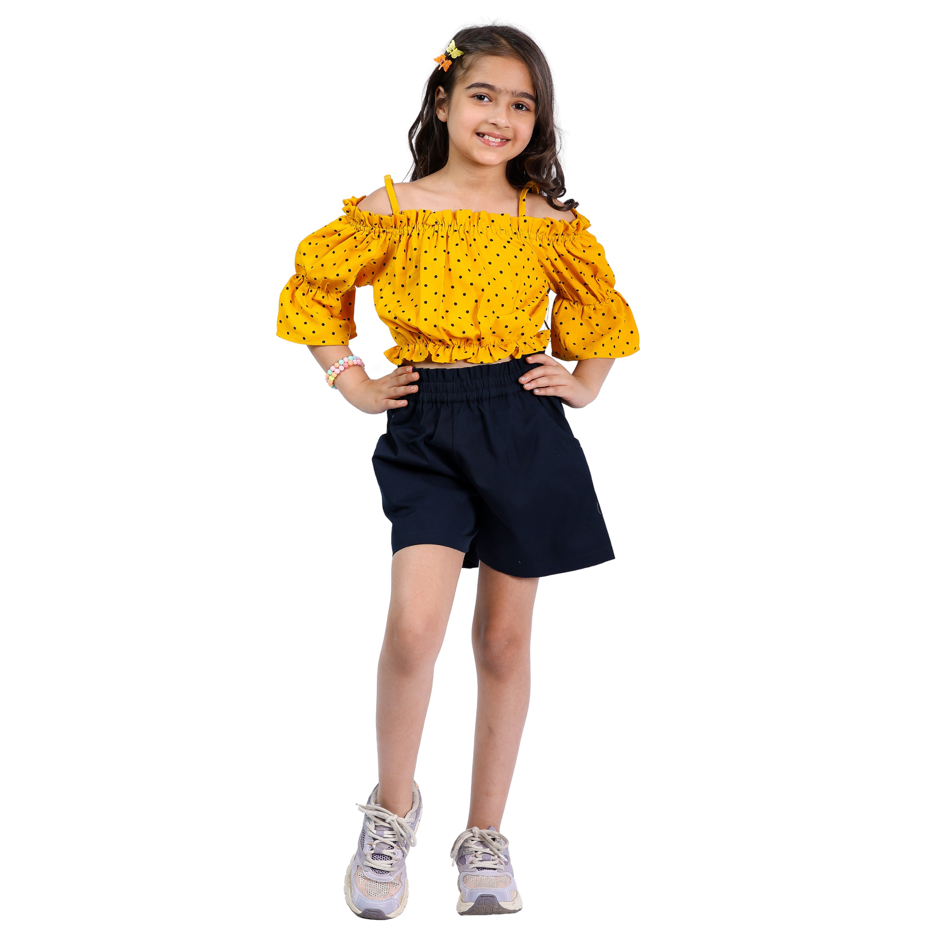 Girls Set – Polka Off-Shoulder Crop Top with Shorts (4–10 Yrs)
