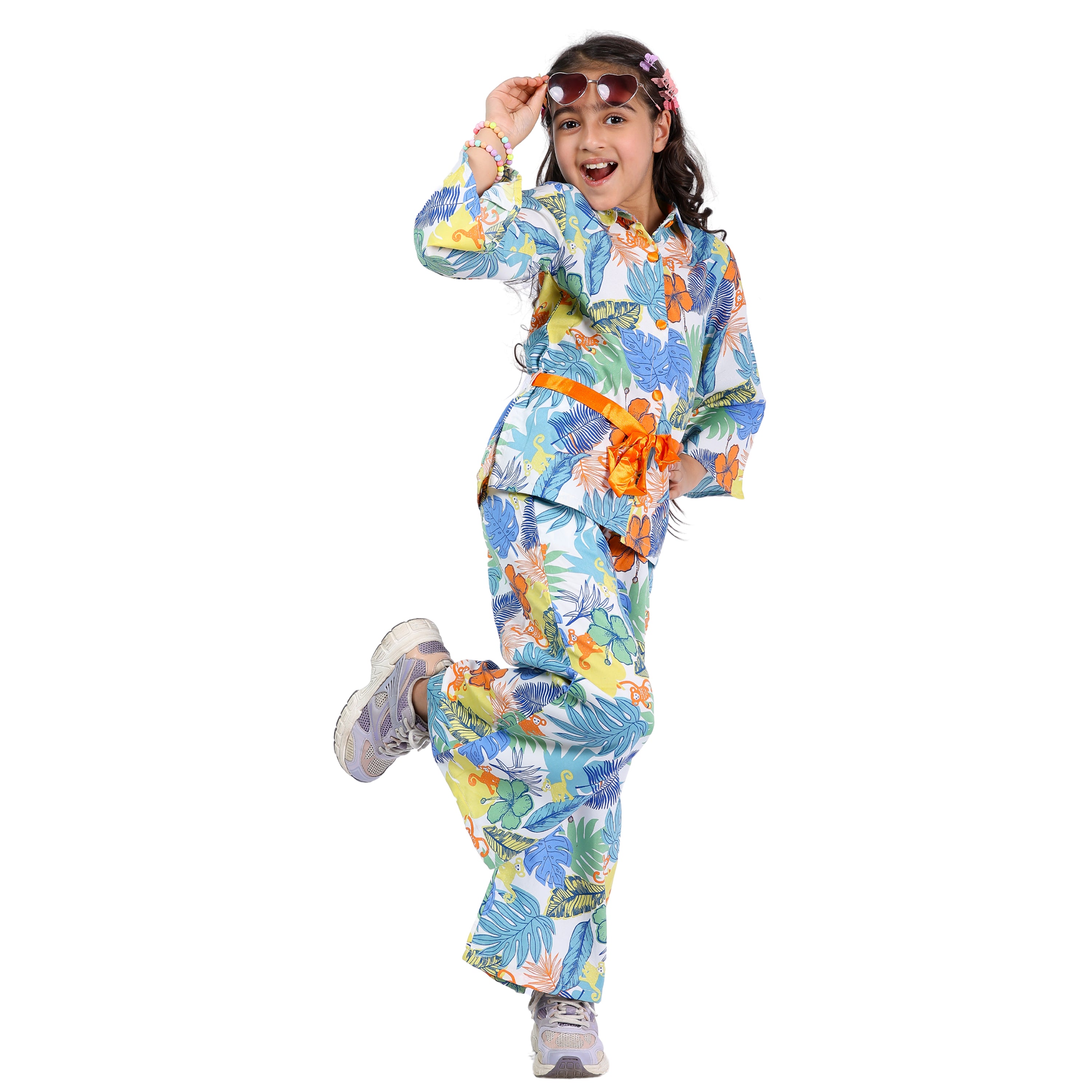 Girls Cord Set – Animal Print with Orange Belt (Bell Sleeves, 4–10 Yrs)