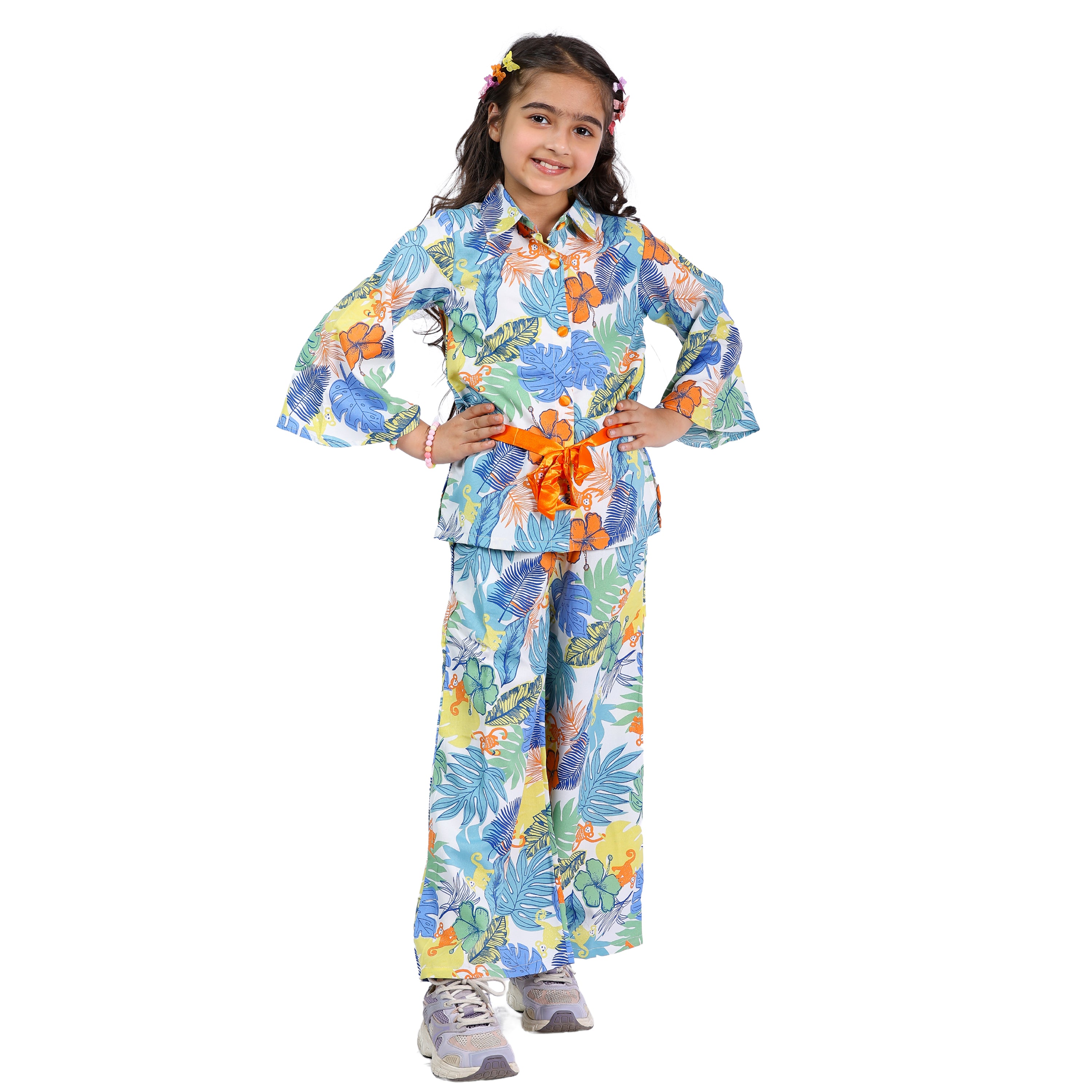 Girls Cord Set – Animal Print with Orange Belt (Bell Sleeves, 4–10 Yrs)