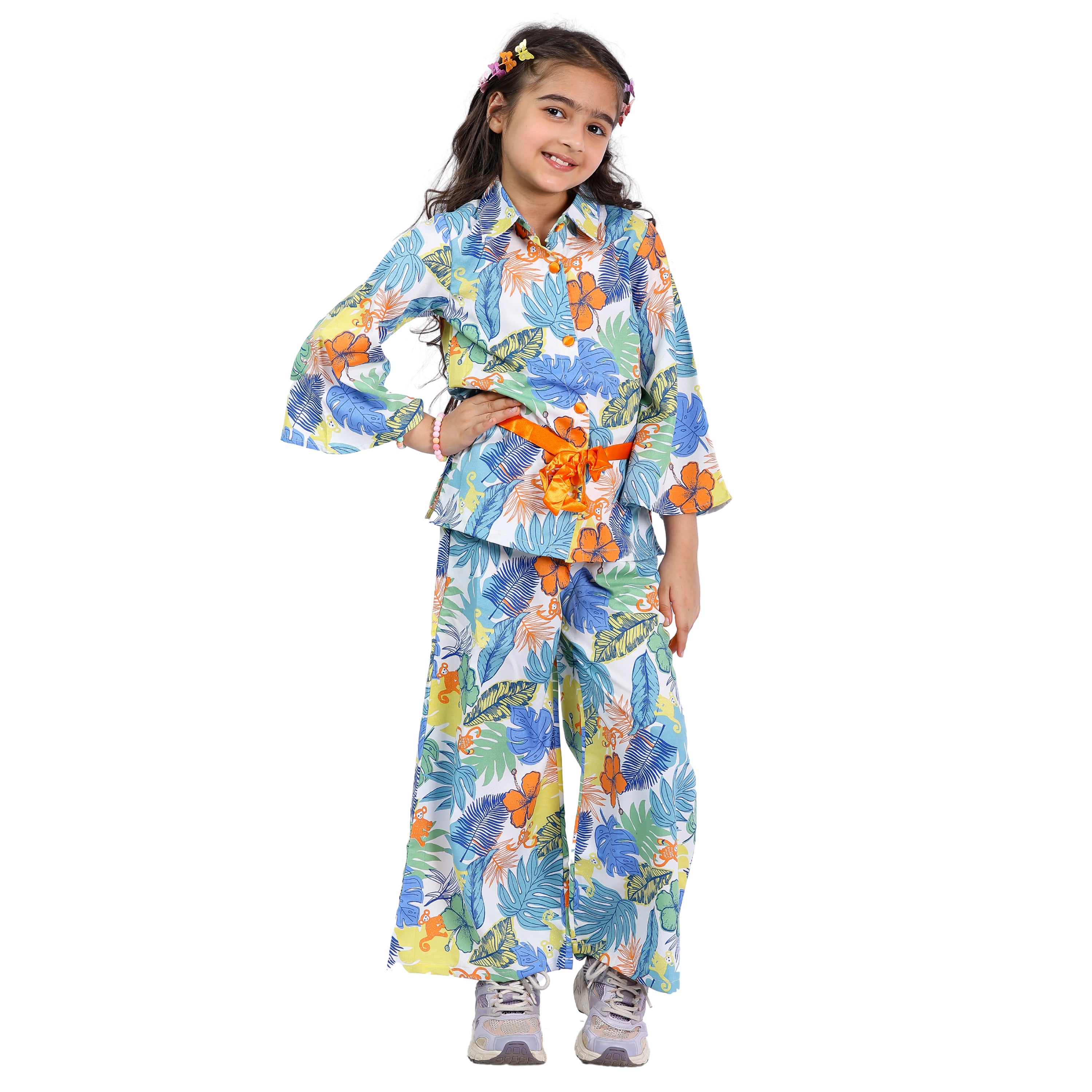 Girls Cord Set – Animal Print with Orange Belt (Bell Sleeves, 4–10 Yrs)
