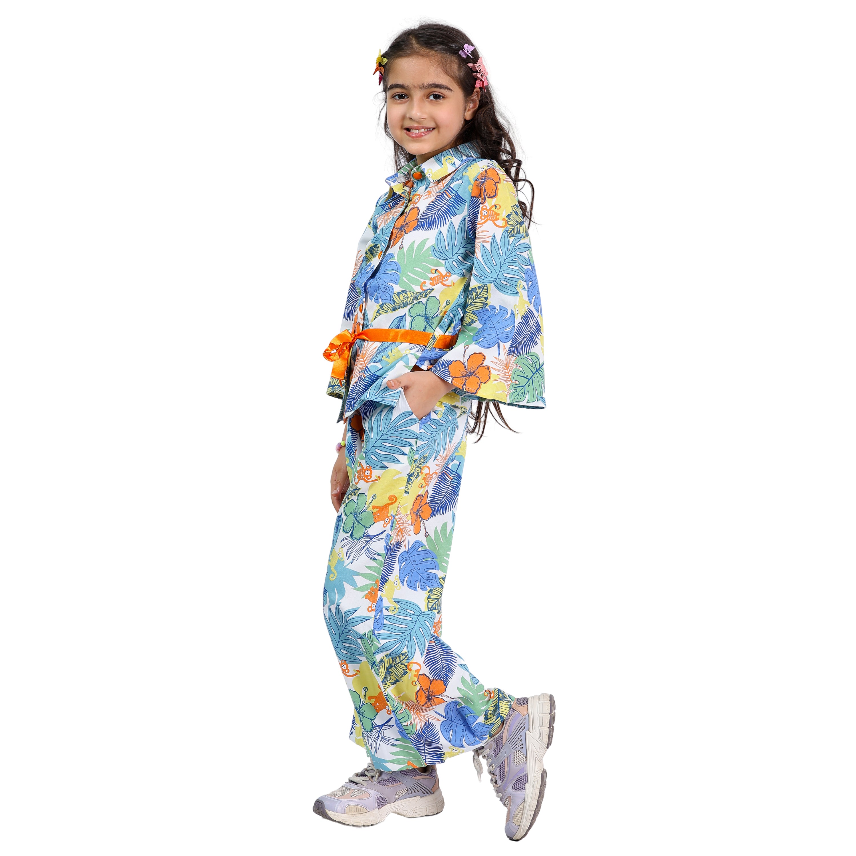Girls Cord Set – Animal Print with Orange Belt (Bell Sleeves, 4–10 Yrs)