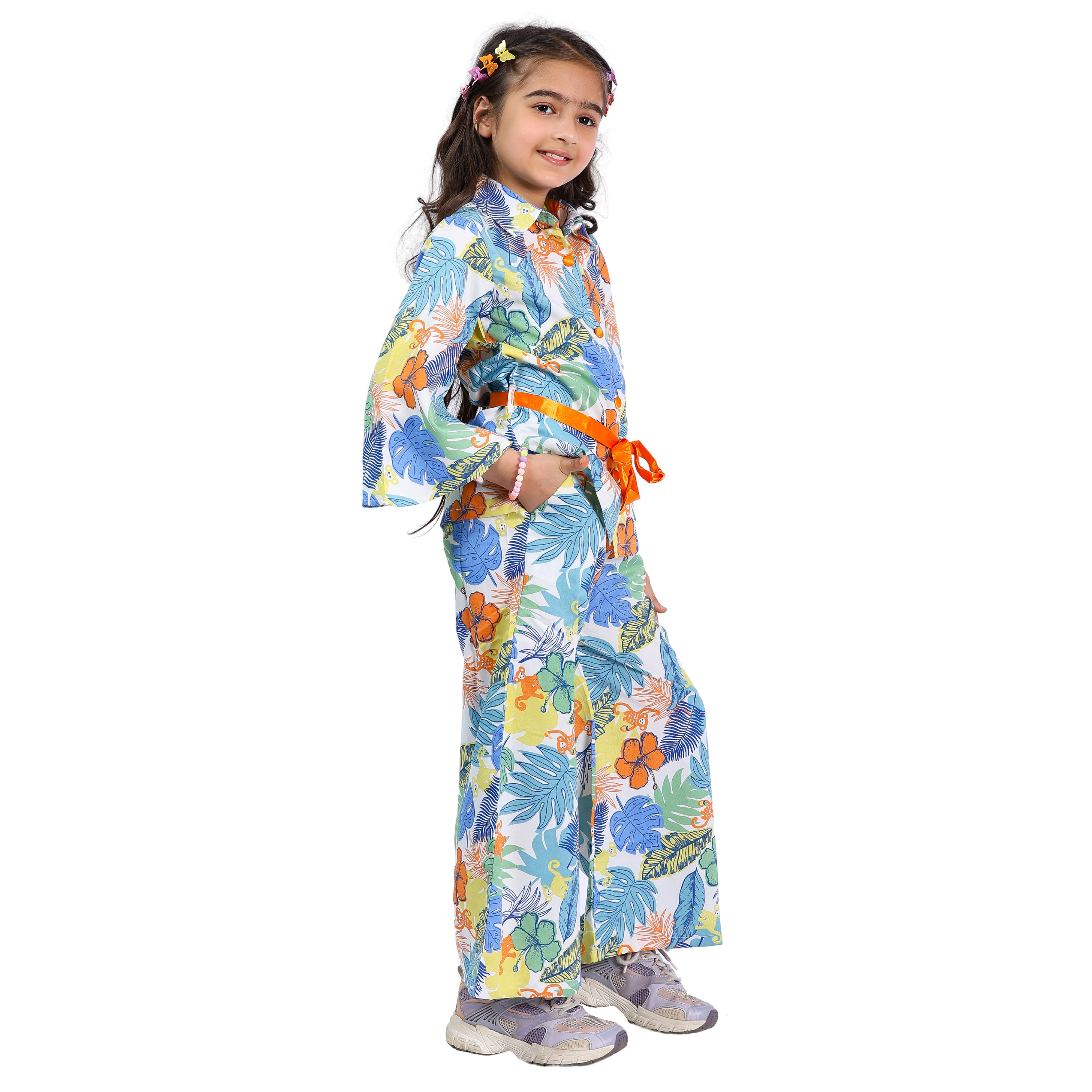 Girls Cord Set – Animal Print with Orange Belt (Bell Sleeves, 4–10 Yrs)