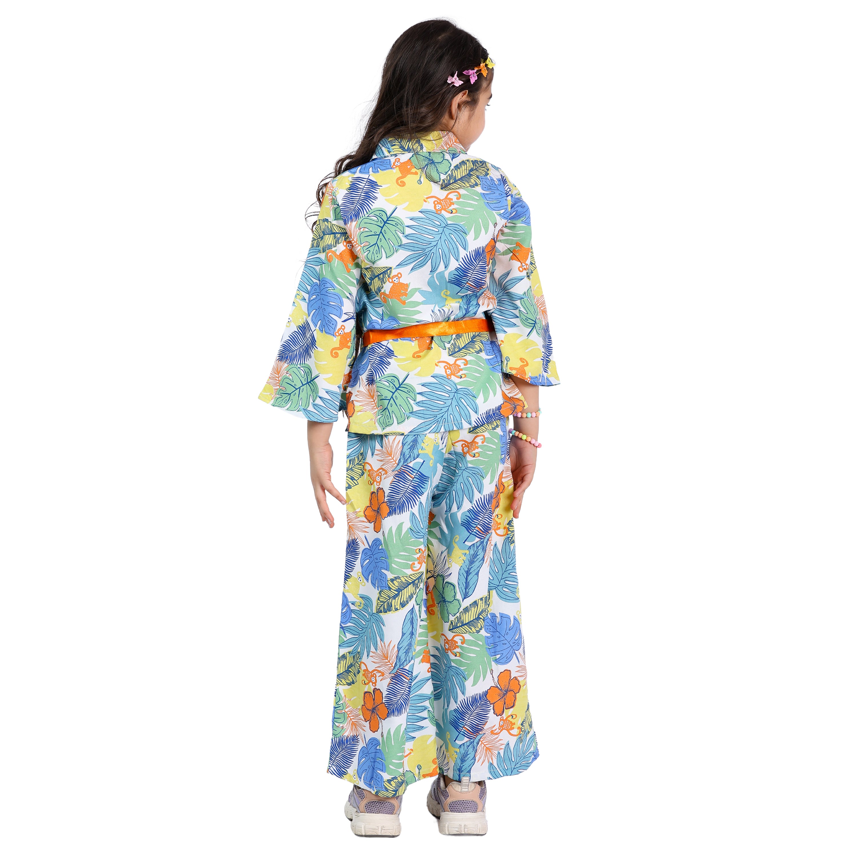 Girls Cord Set – Animal Print with Orange Belt (Bell Sleeves, 4–10 Yrs)