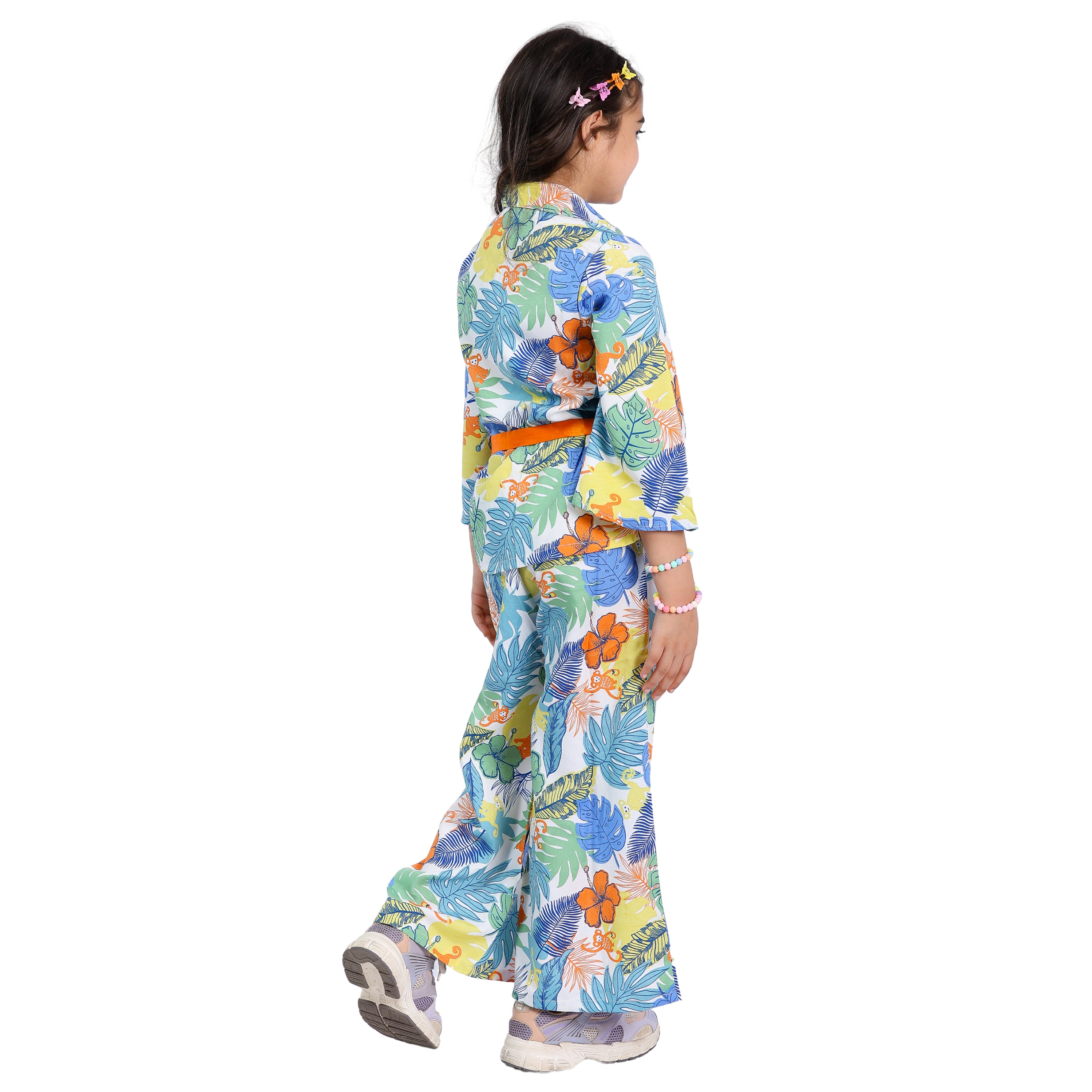 Girls Cord Set – Animal Print with Orange Belt (Bell Sleeves, 4–10 Yrs)