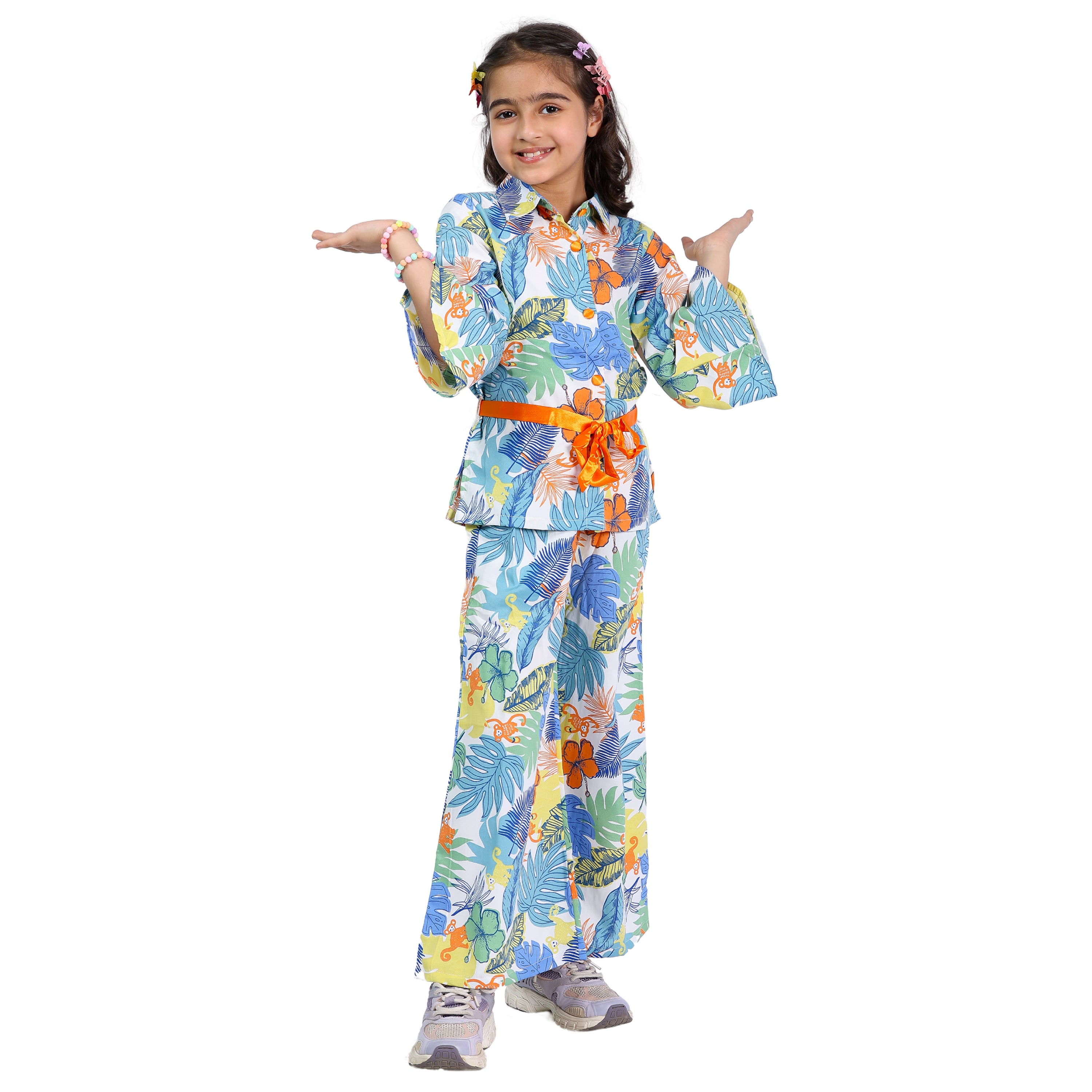 Girls Cord Set – Animal Print with Orange Belt (Bell Sleeves, 4–10 Yrs)