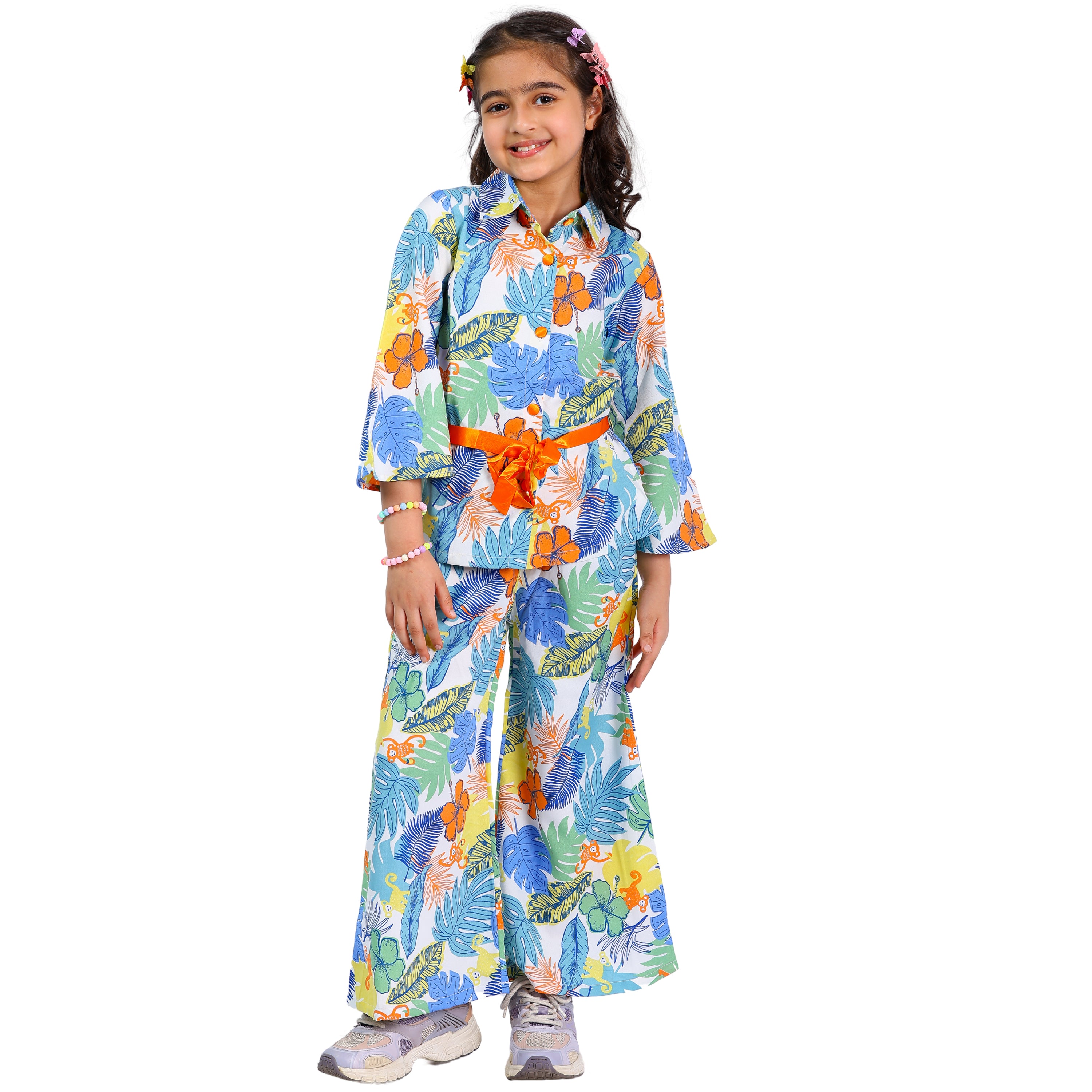Girls Cord Set – Animal Print with Orange Belt (Bell Sleeves, 4–10 Yrs)