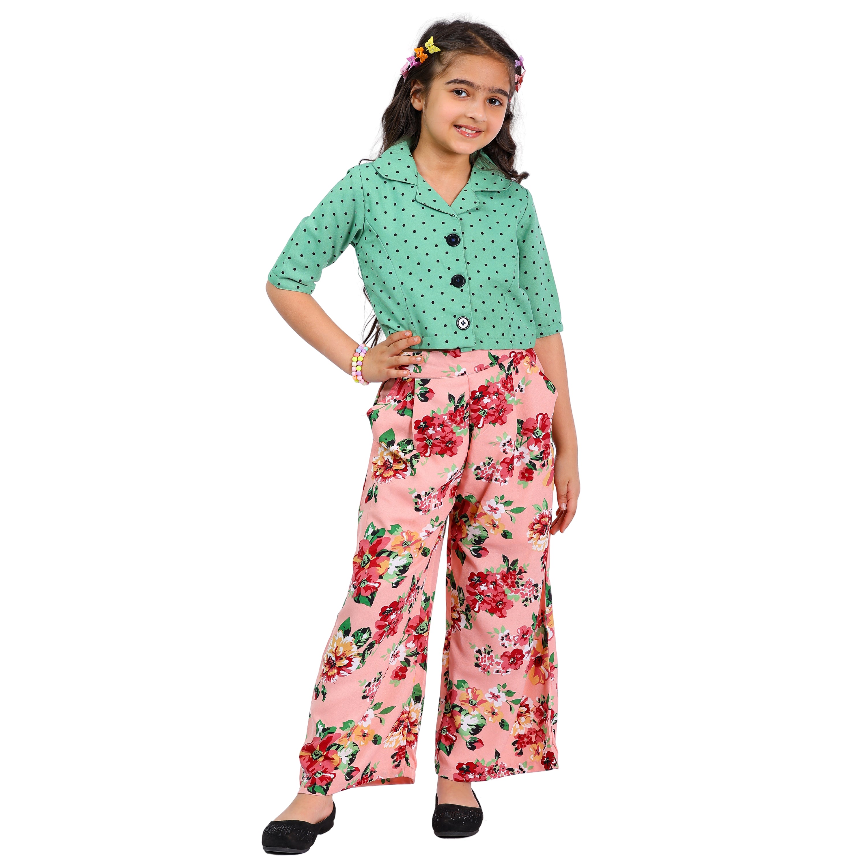 Girls Polka Dot Top & Floral Palazzo Set – Green (4–10 Yrs)
