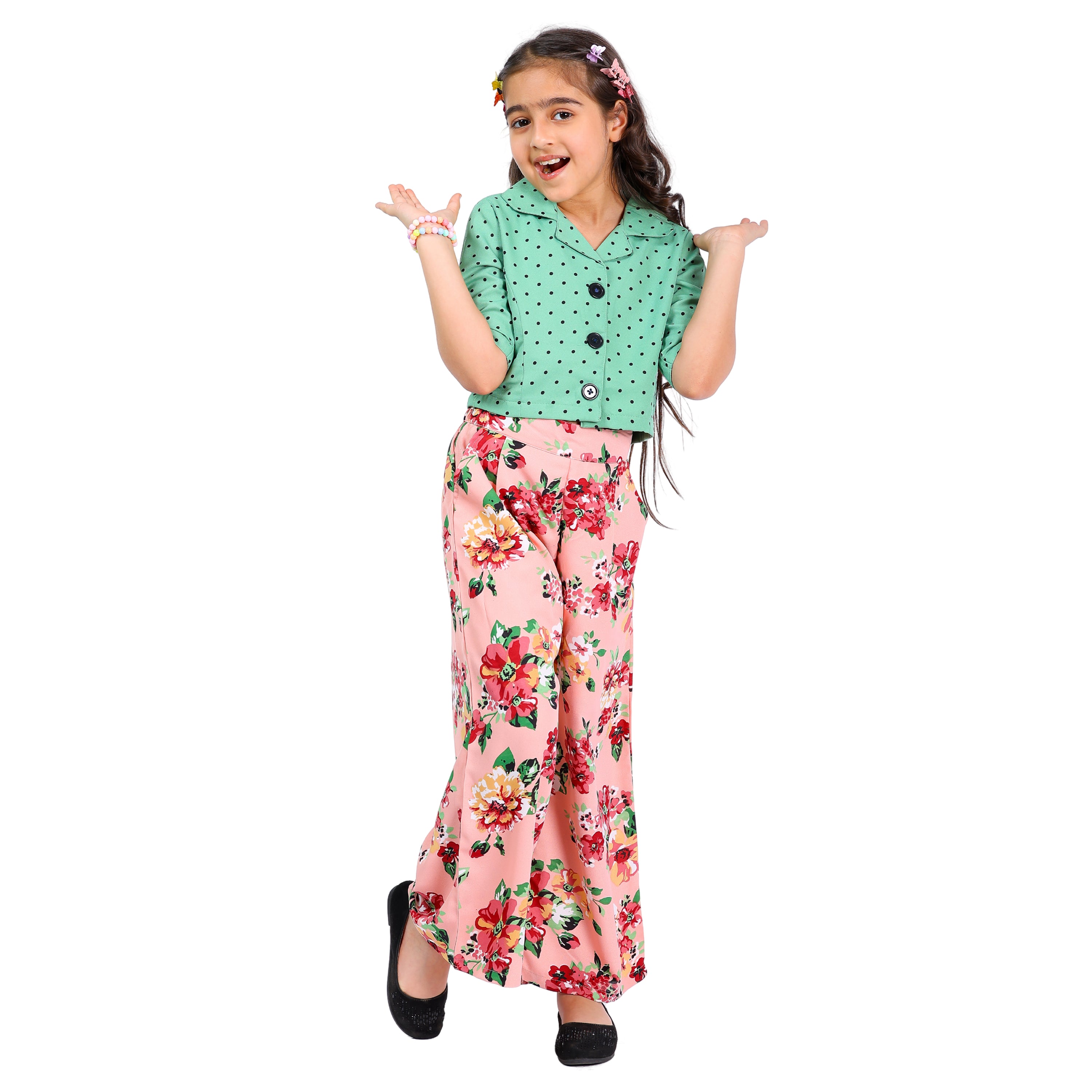 Girls Polka Dot Top & Floral Palazzo Set – Green (4–10 Yrs)