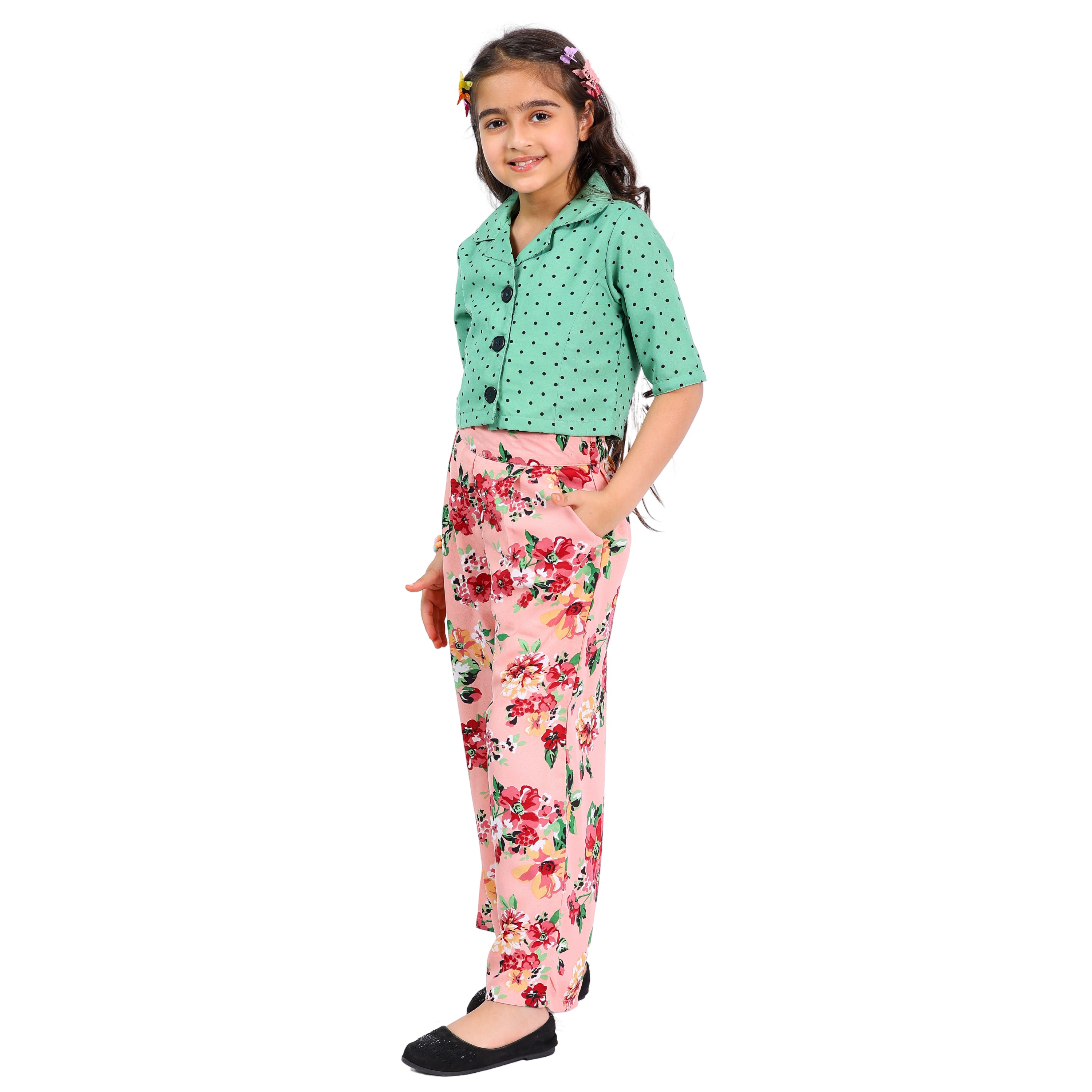 Girls Polka Dot Top & Floral Palazzo Set – Green (4–10 Yrs)
