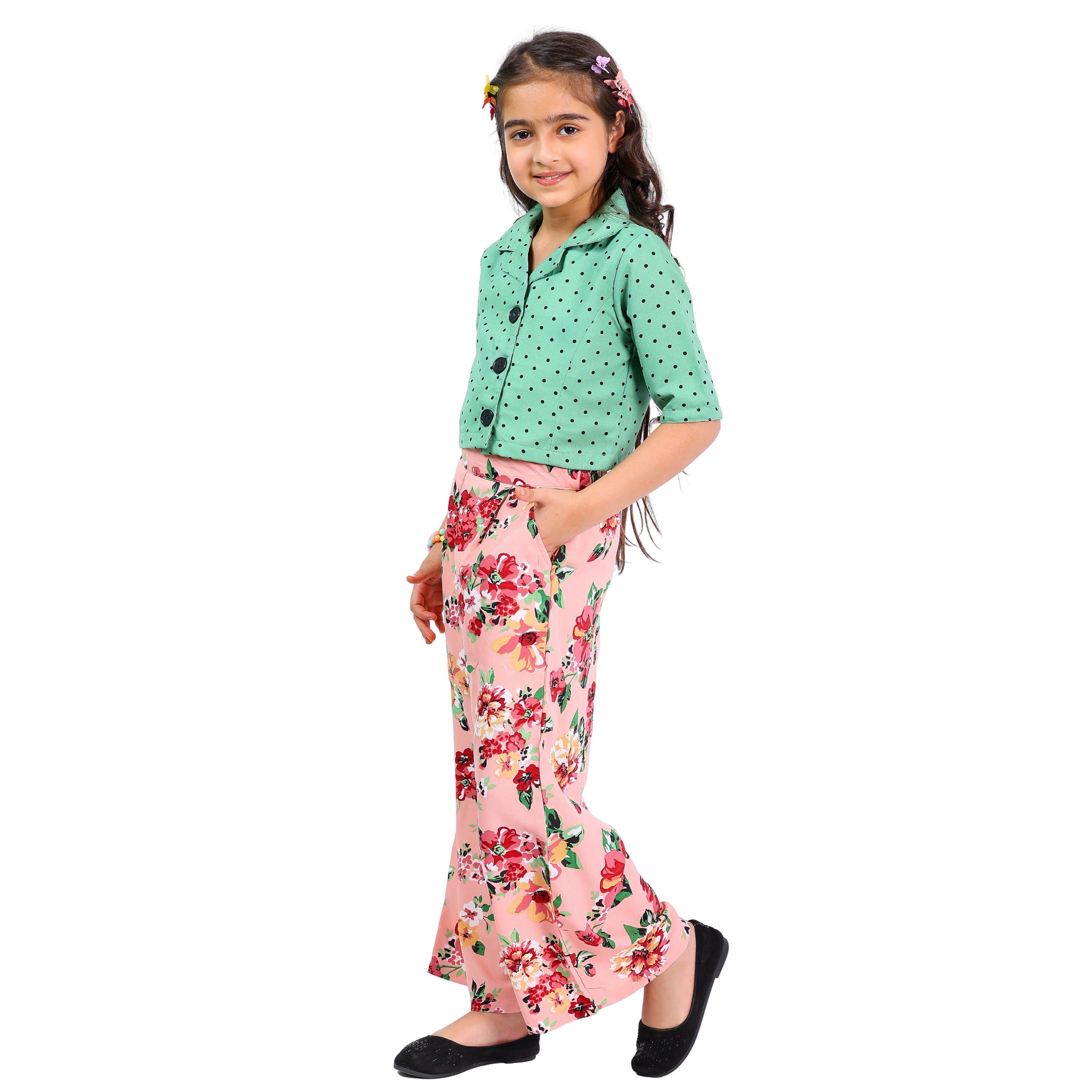 Girls Polka Dot Top & Floral Palazzo Set – Green (4–10 Yrs)